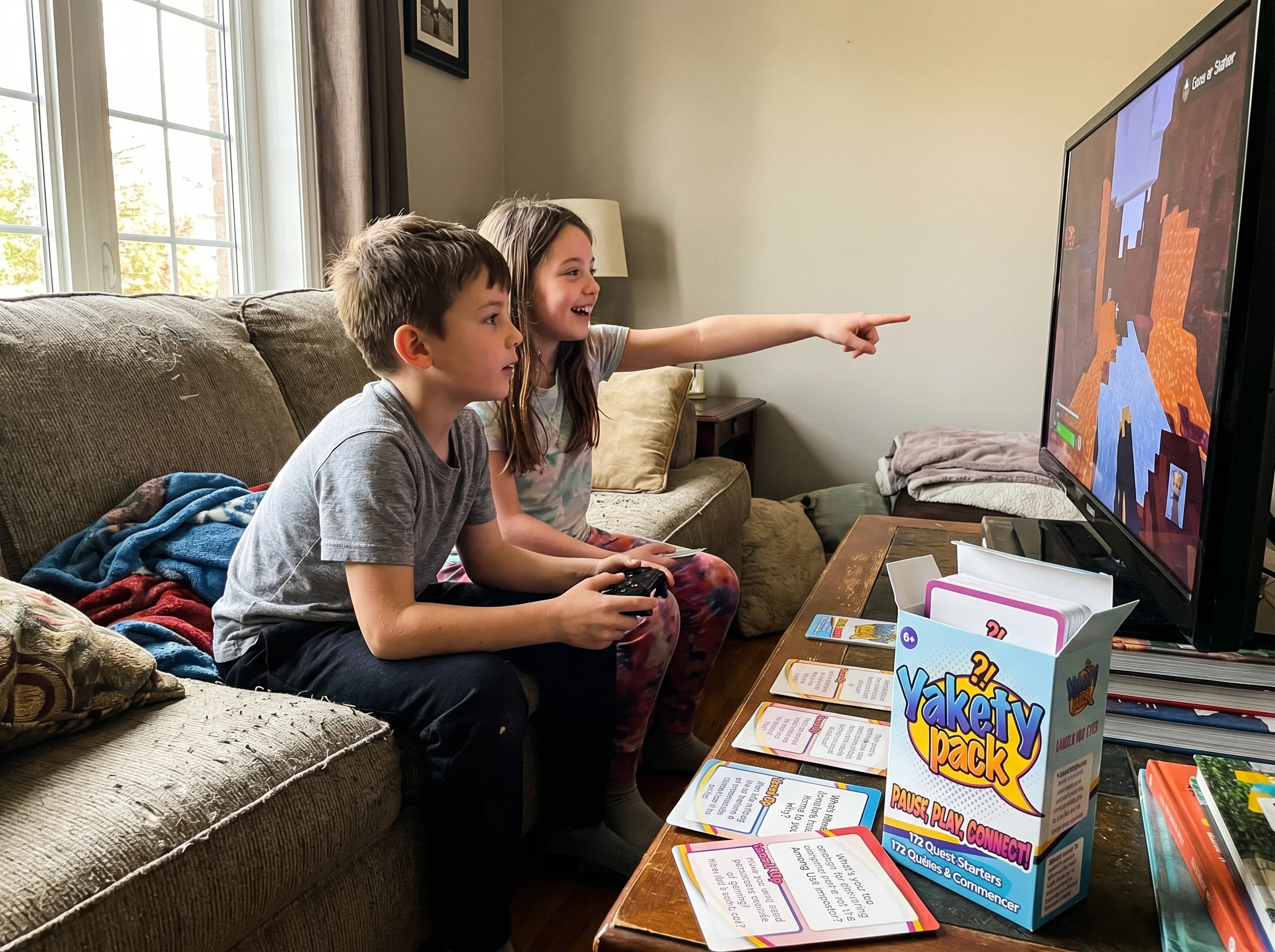 Two siblings playing co-op game together on couch, focused but relaxed, showing teamwork in their body language