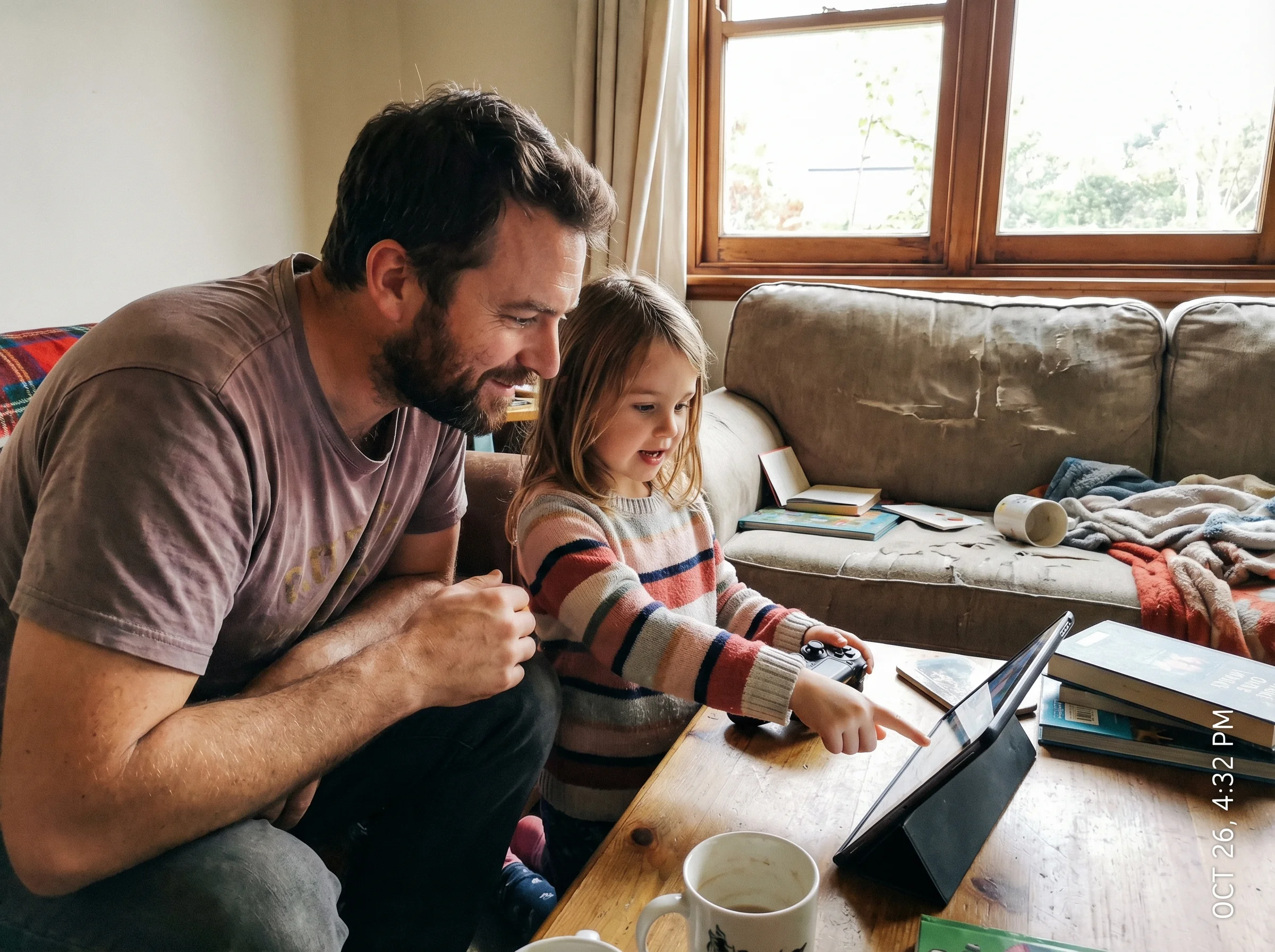 Dad and daughter looking at game together, daughter explaining something while dad listens attentively, casual living room se