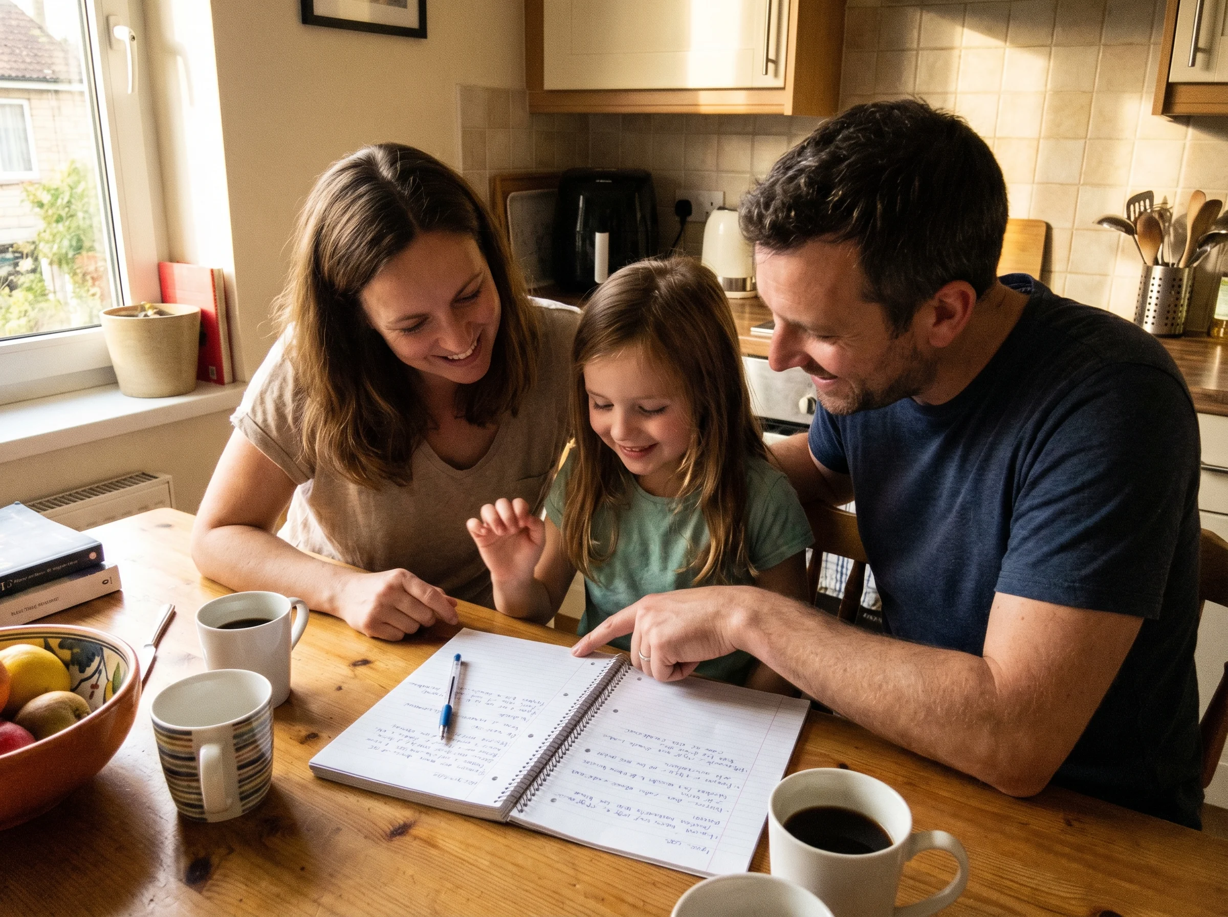 Family meeting scene around kitchen table, parents and child discussing something together, supportive atmosphere with notebo