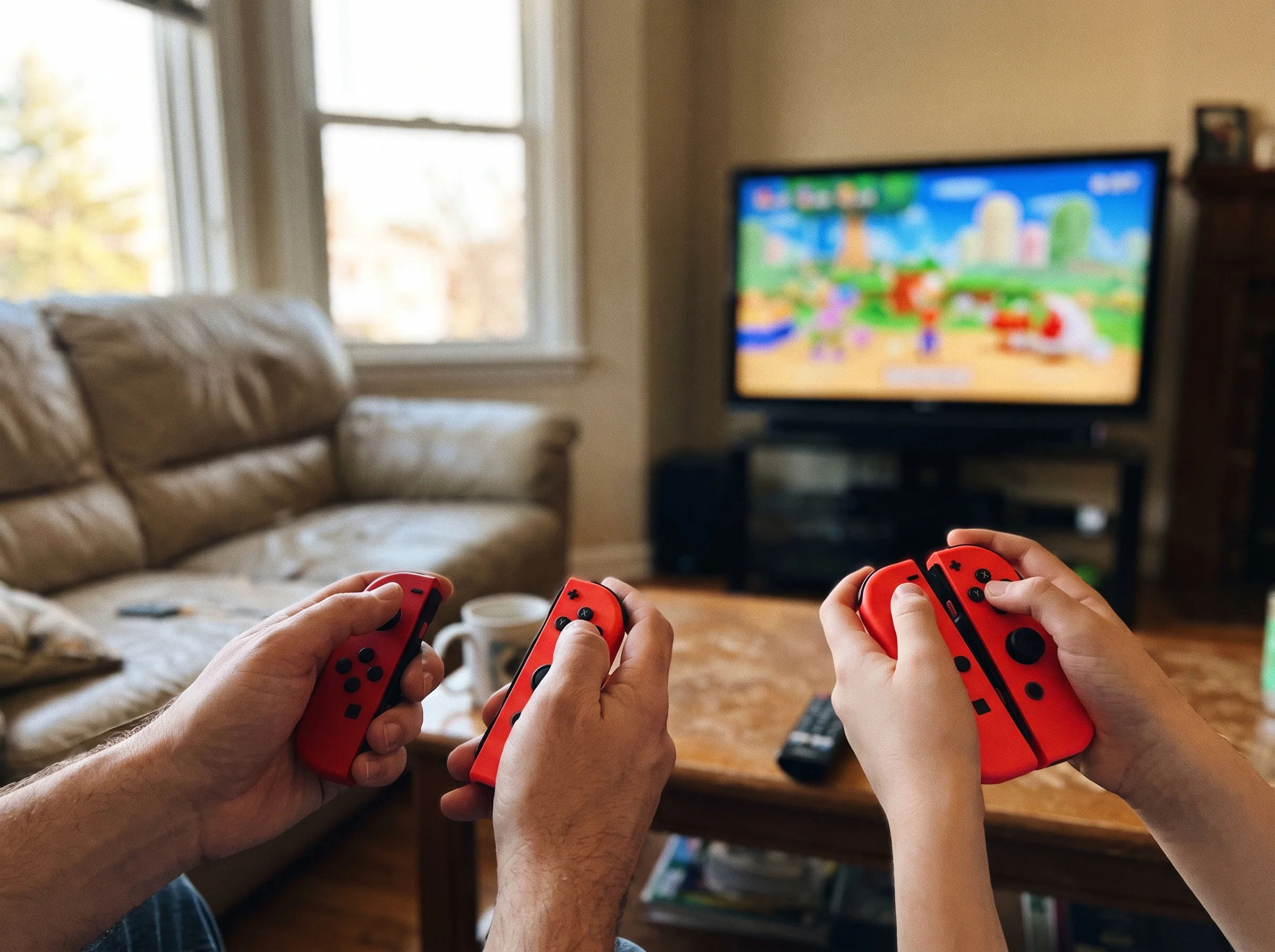Two hands holding red plastic Nintendo Switch controllers, mid-game, TV screen slightly blurred in the background
