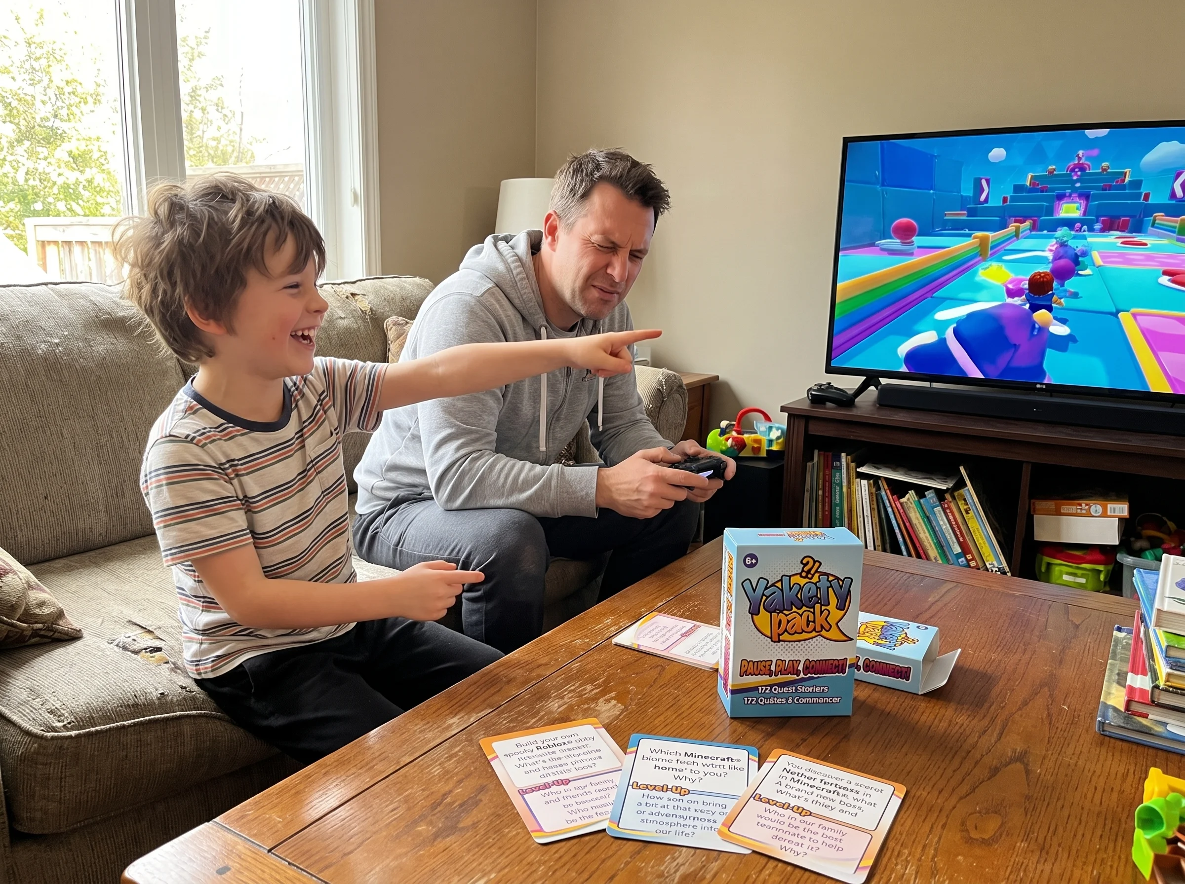 A kid teaching a parent how to play a video game, kid pointing at the screen and laughing, parent squinting and leaning in