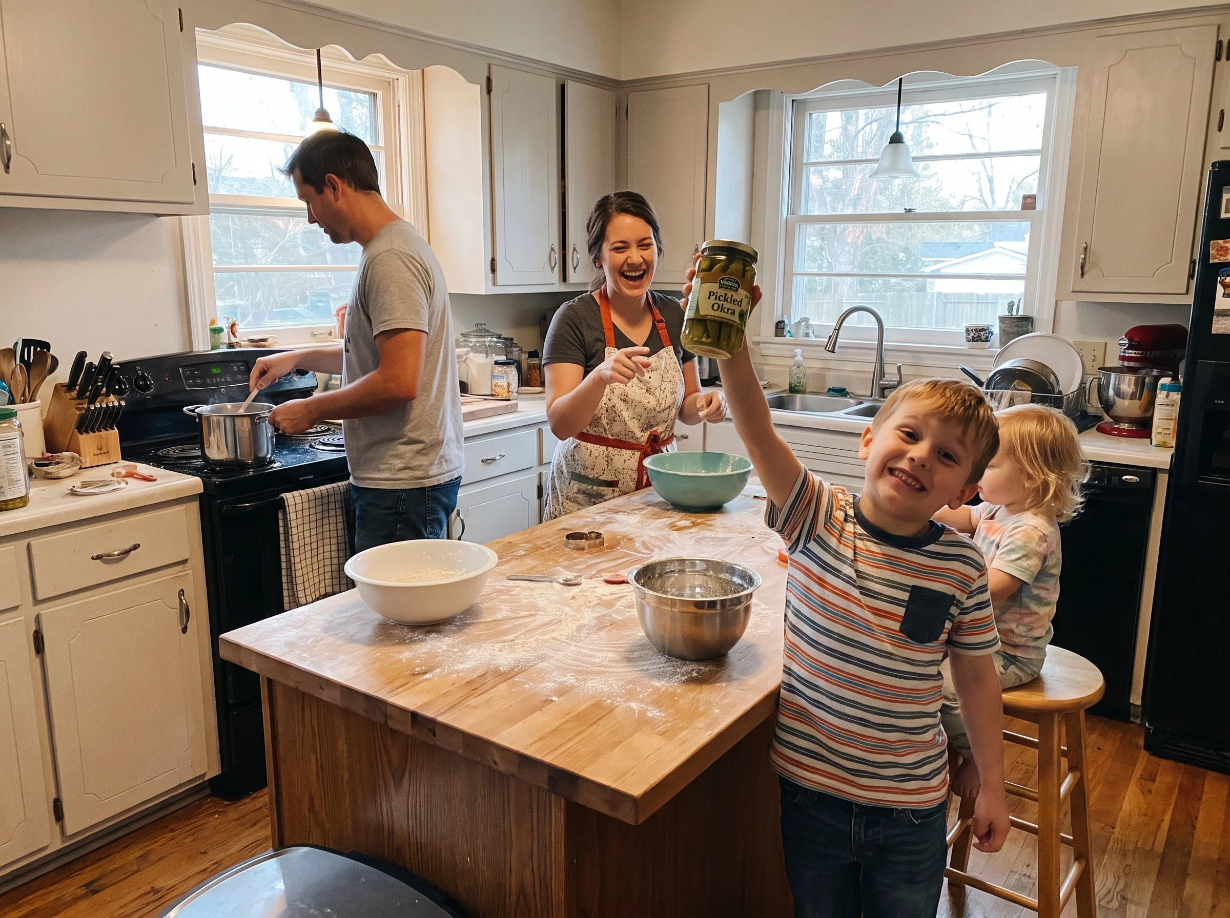 A whole family in the kitchen mid cooking challenge, flour on the counter, kid holding up a weird pantry ingredient triumphan