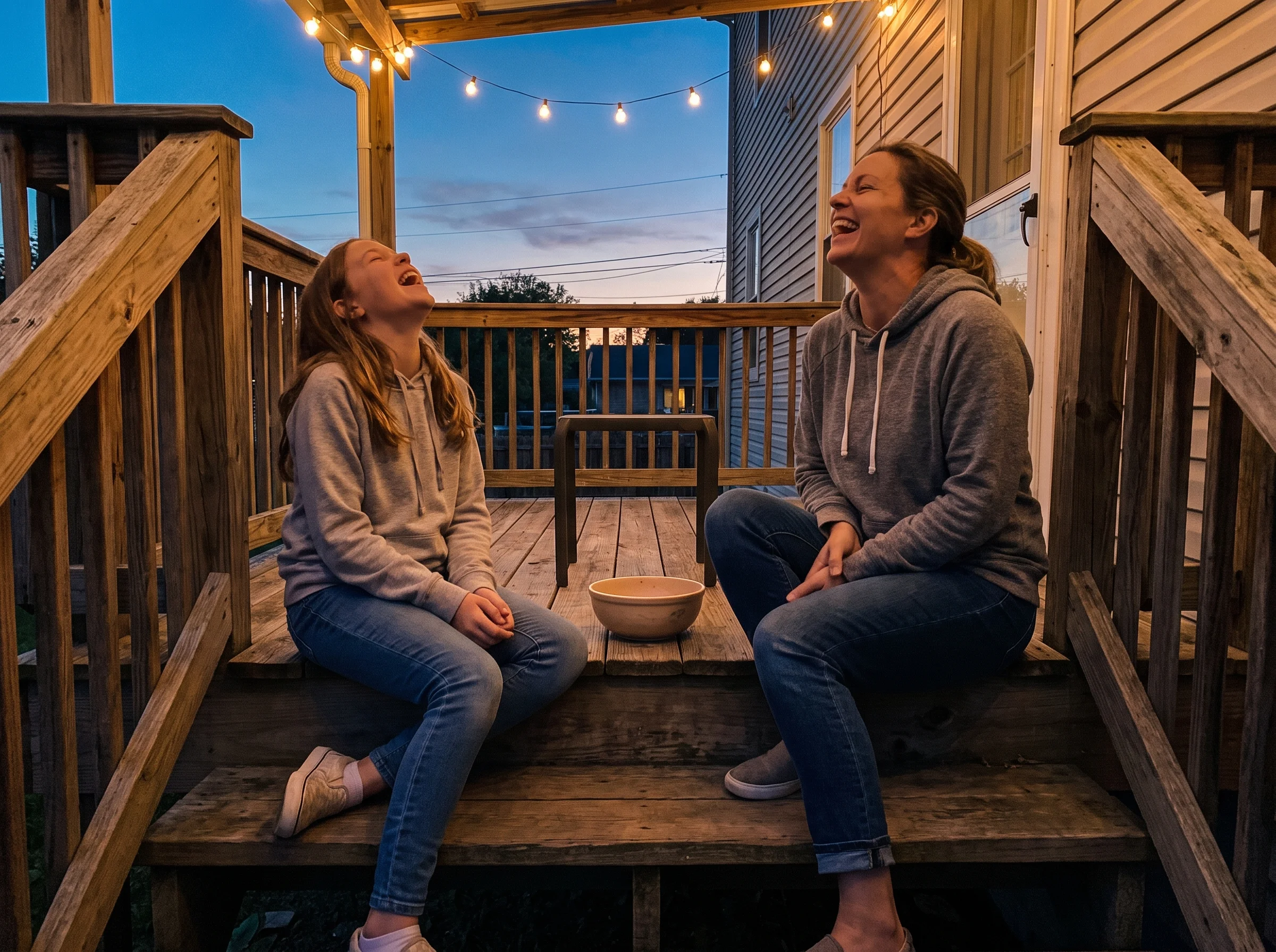 A parent and tween sitting on the back porch at dusk, laughing, empty snack bowl between them, phones nowhere in sight