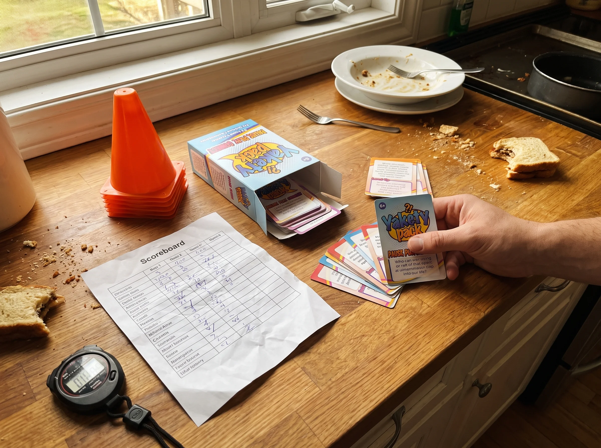 A cluttered kitchen counter with an abandoned printed scoreboard, orange cones stacked to the side, and a stopwatch, a slight