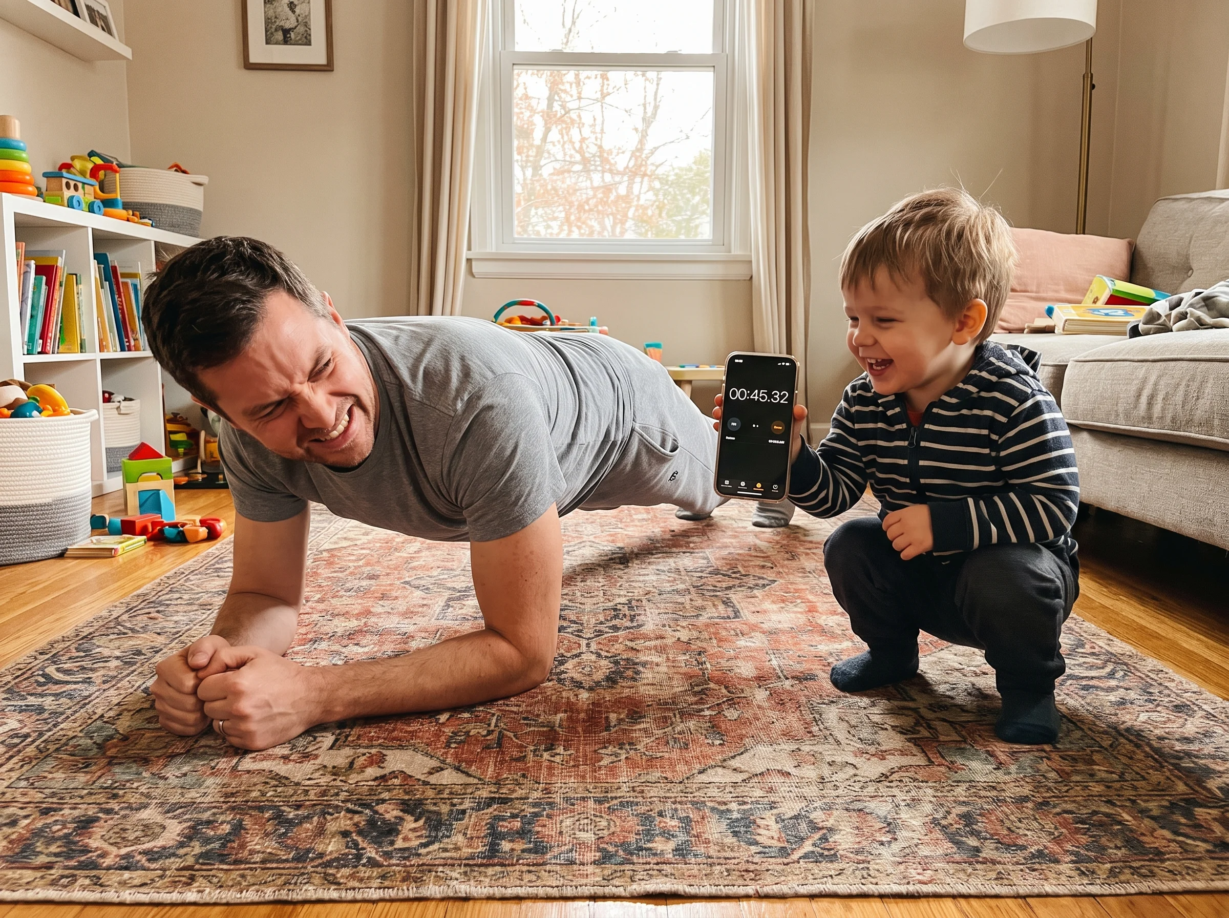 A dad mid-plank on the living room rug, face scrunched with effort, a kid crouched next to him holding a phone with a stopwat