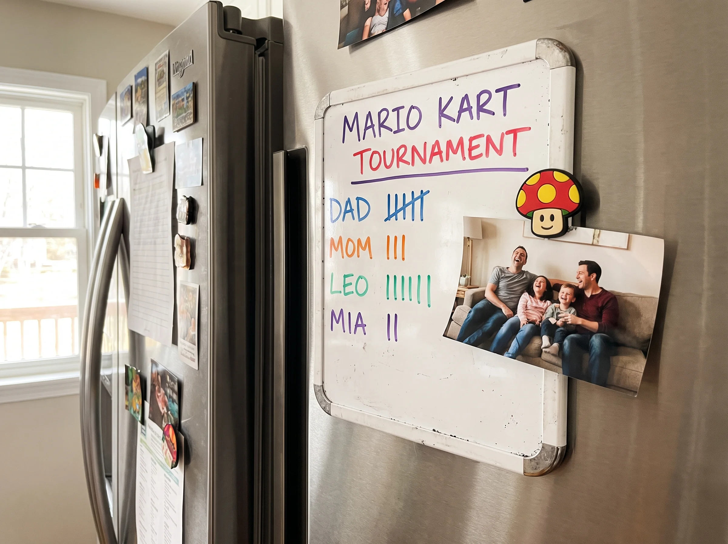 A small whiteboard on a kitchen fridge with hand-drawn Mario Kart tournament standings, names and tallies in different-colore