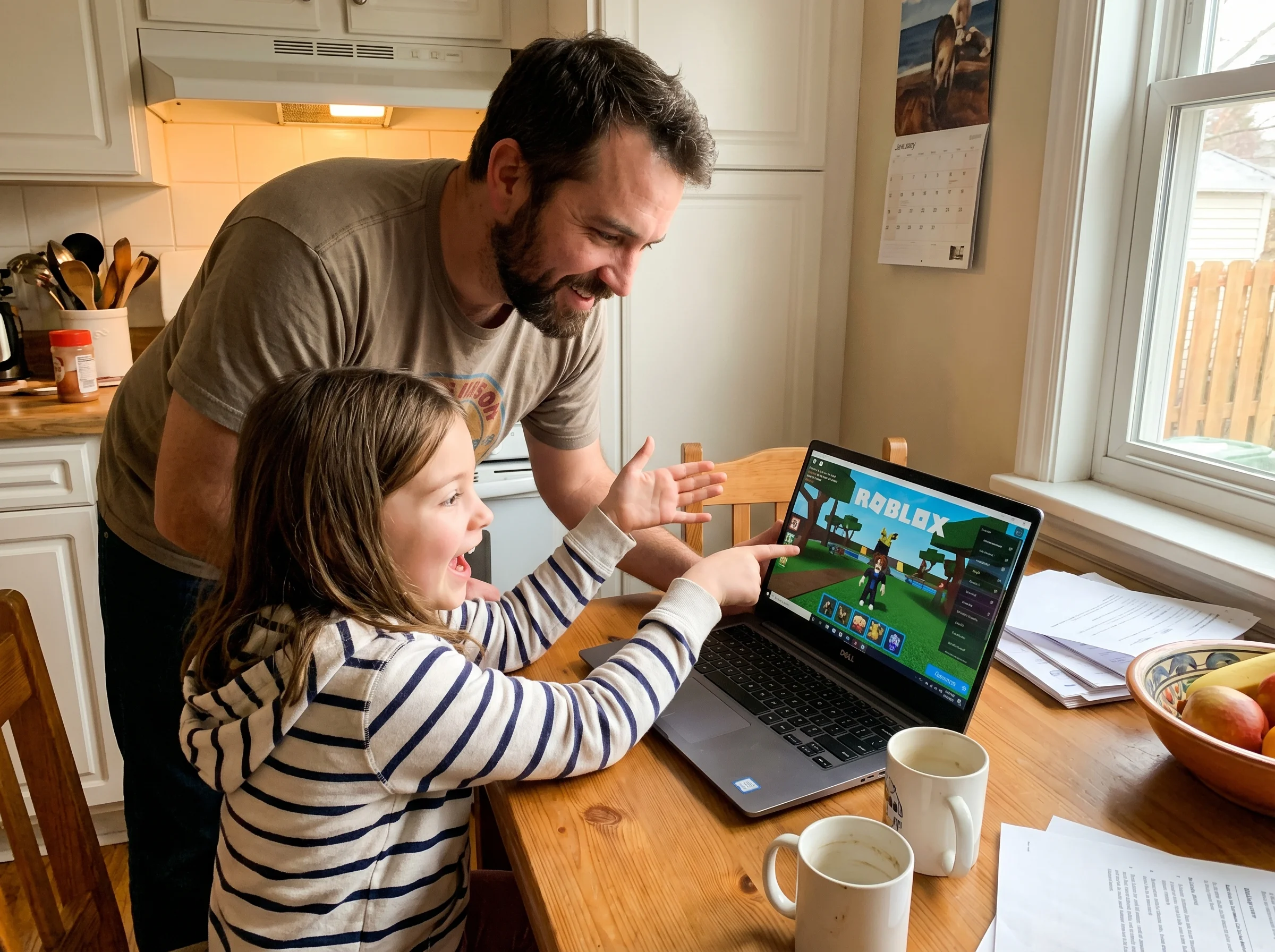 Father and daughter at a kitchen table with a laptop between them, daughter enthusiastically gesturing while explaining somet
