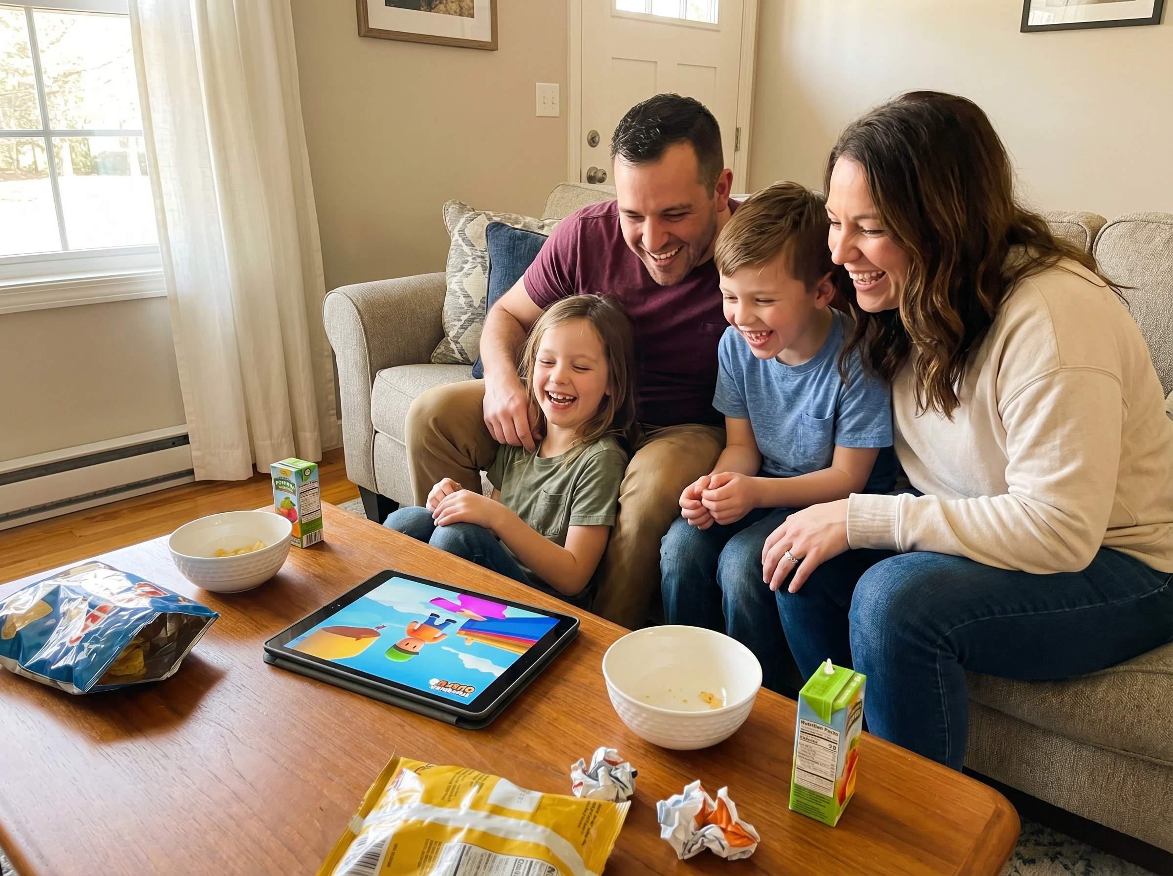 Family of four crowded around a tablet on the coffee table, all laughing as someone's character falls off the screen in Stumb
