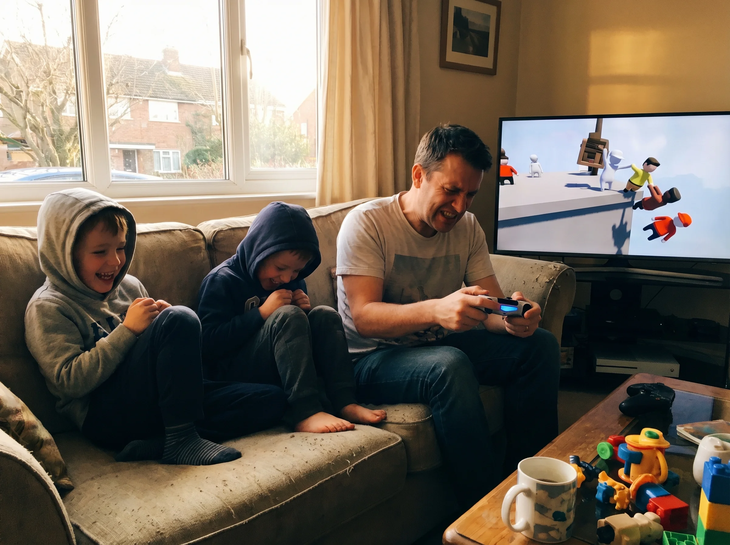 Two kids doubled over laughing while their dad struggles with a game controller, TV showing characters falling repeatedly in