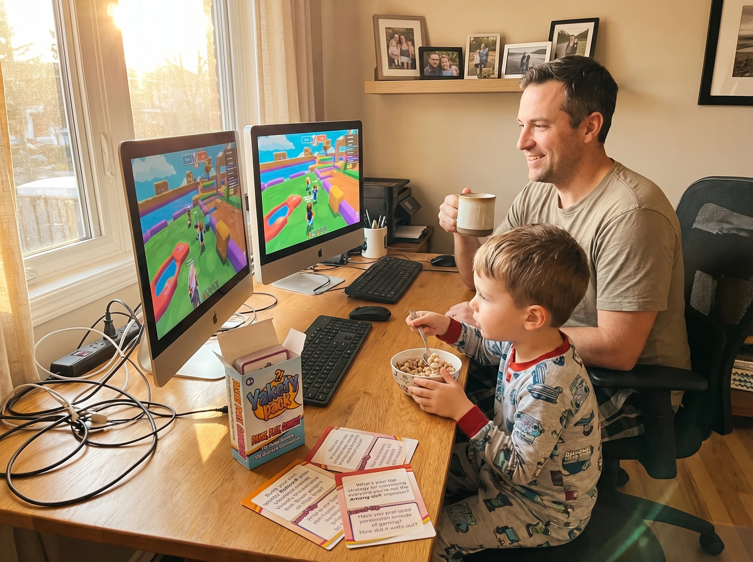 Dad with coffee mug and son with cereal bowl sitting at desktop computers side by side, morning light streaming in, both focu