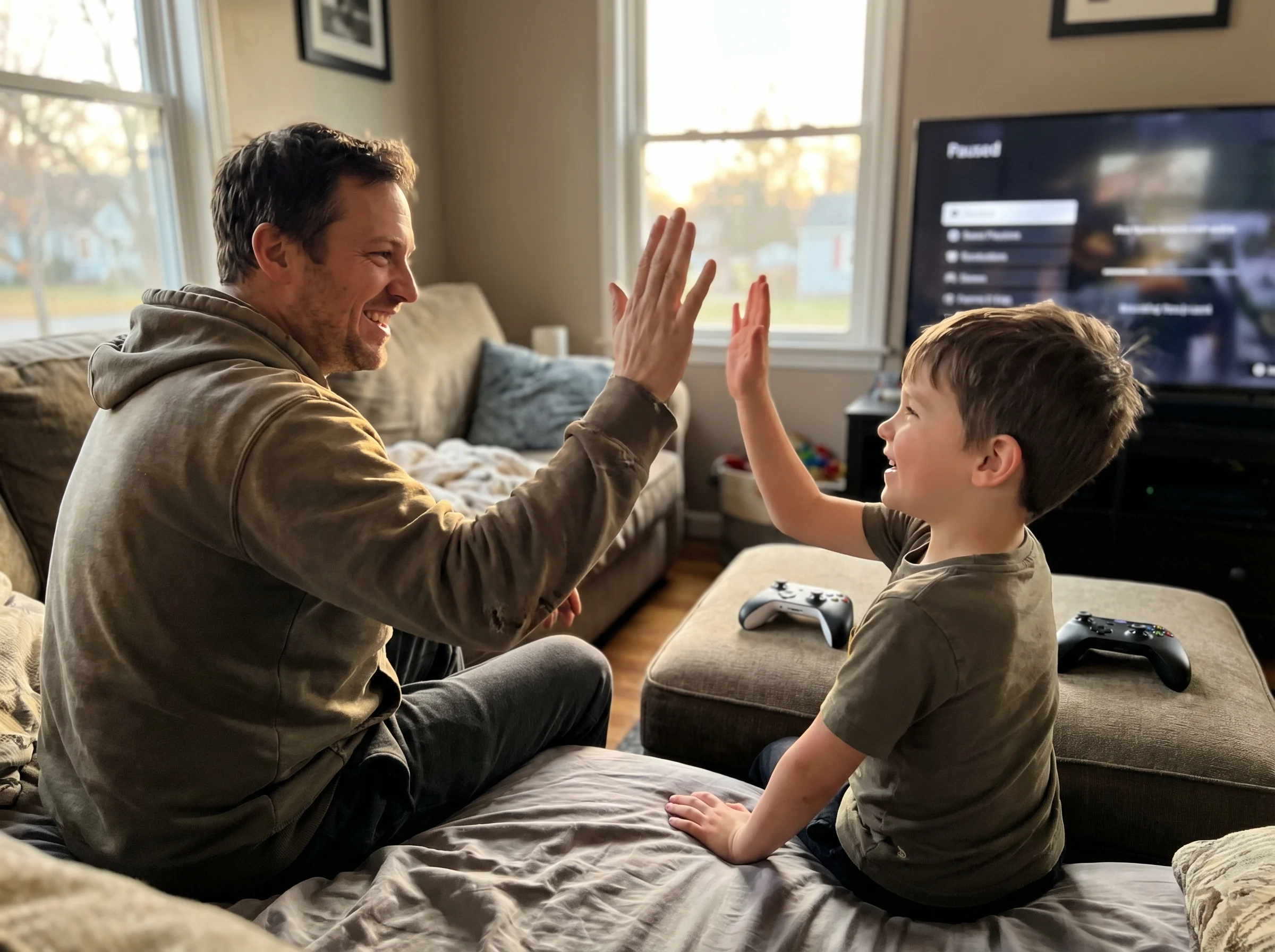 Parent and child high-fiving after a gaming session, controllers set aside on the couch, both smiling genuinely at each other