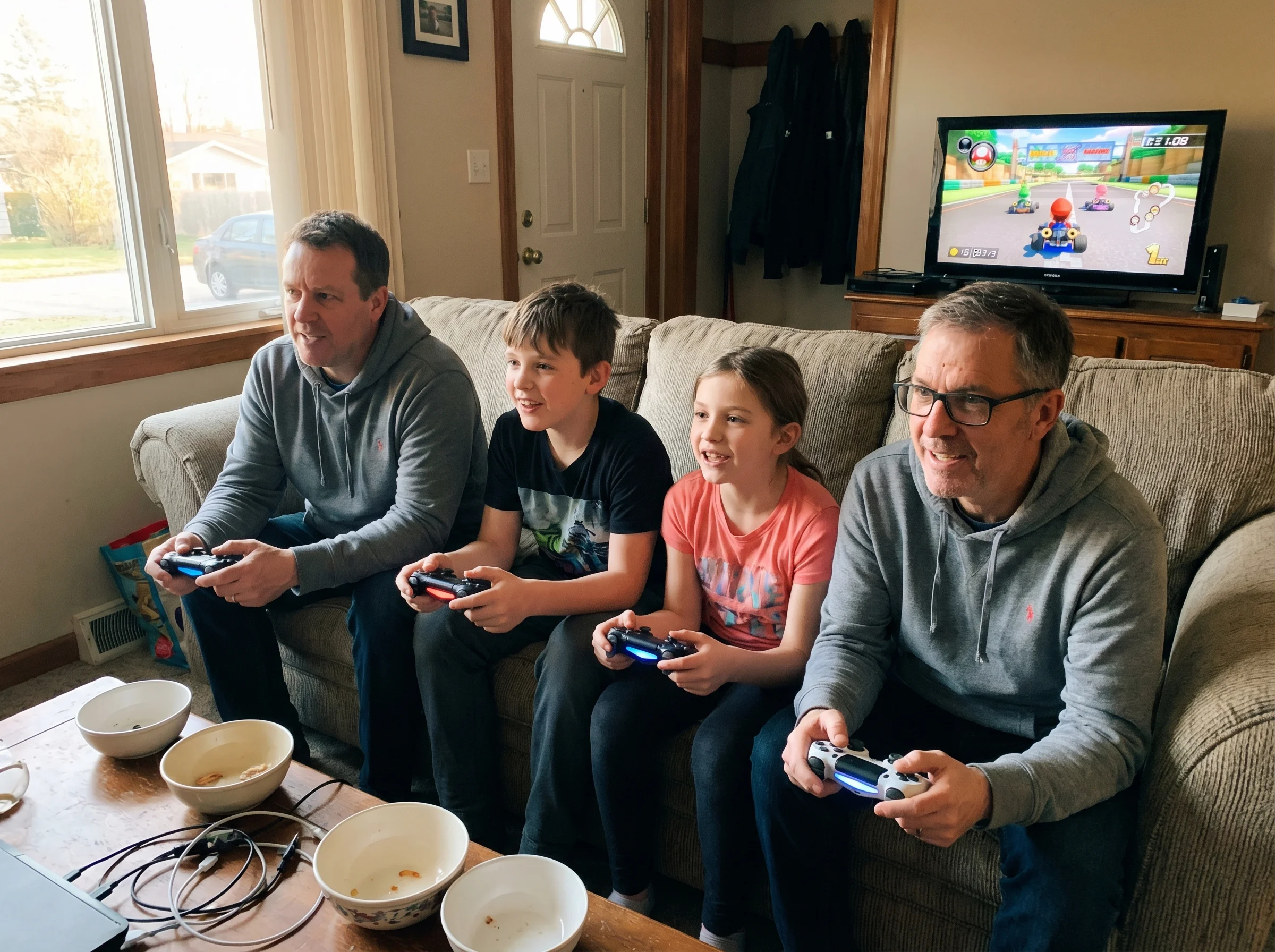 Family members sitting close together on a couch, all focused on the TV screen with various expressions of concentration and
