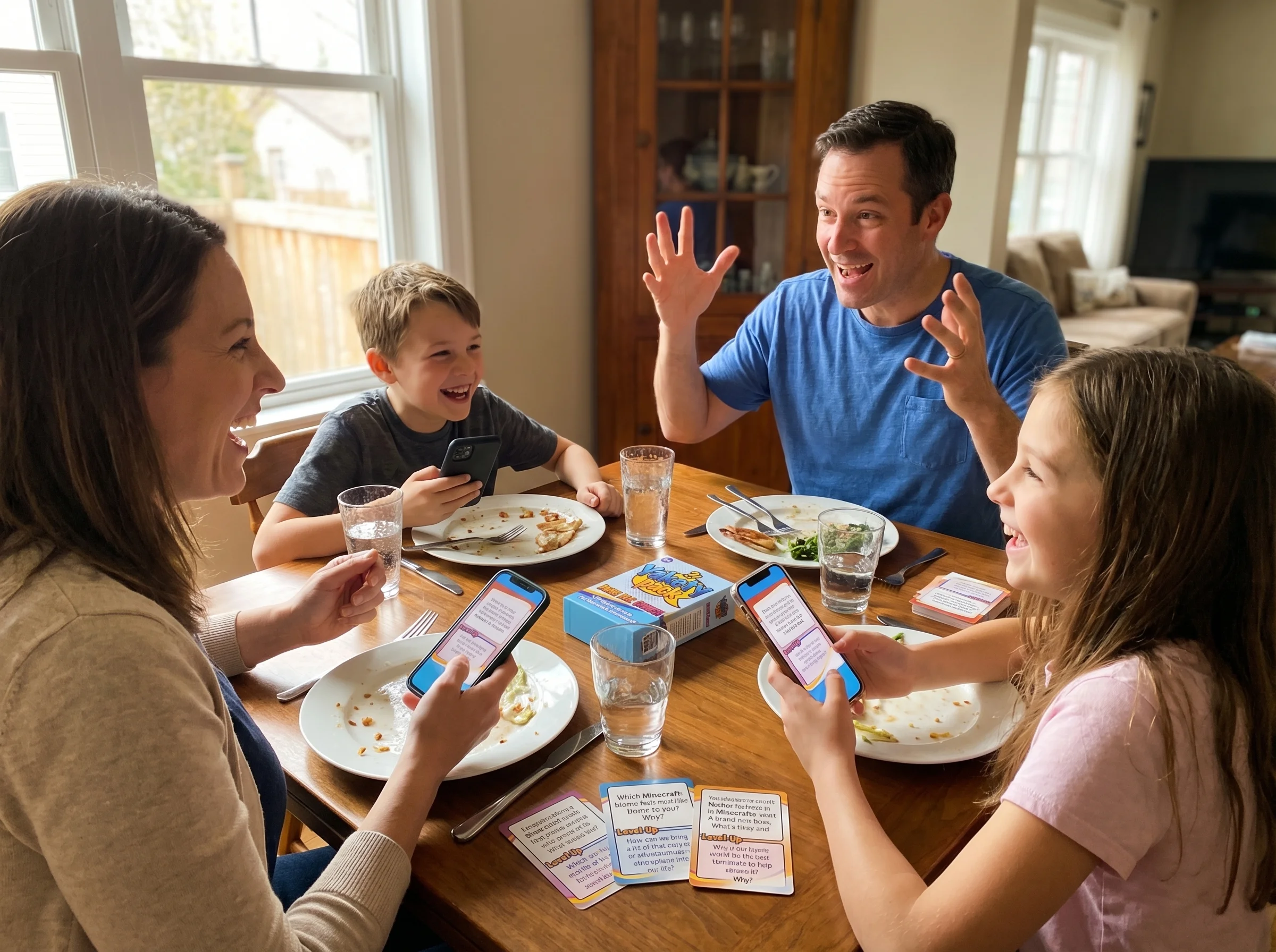 Kids and parents around a dinner table, all looking at their phones but clearly playing together, with animated expressions a
