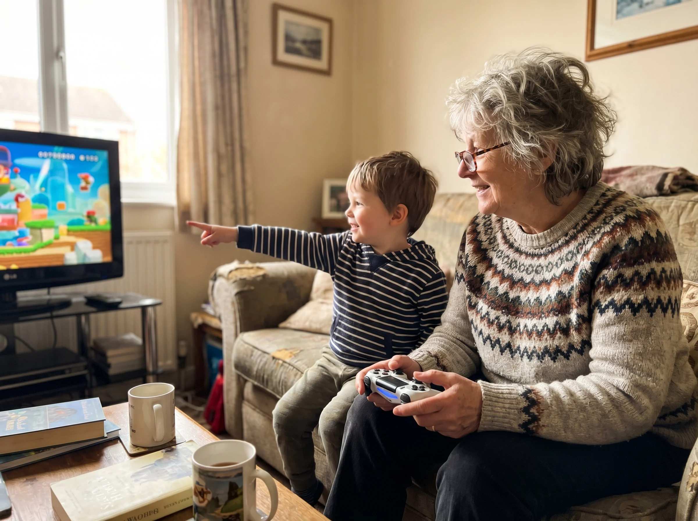 Grandmother and grandchild sitting side by side, grandma holding a game controller naturally while the child points excitedly
