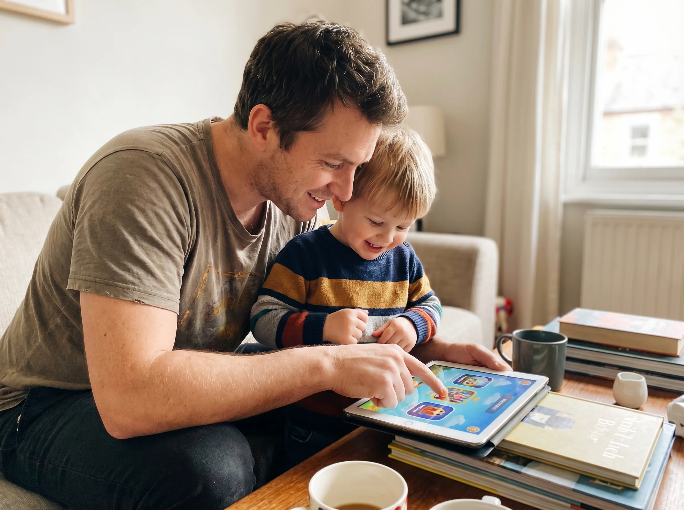 Parent and child looking at a tablet together, parent pointing at something on screen while child nods, both engaged in choos