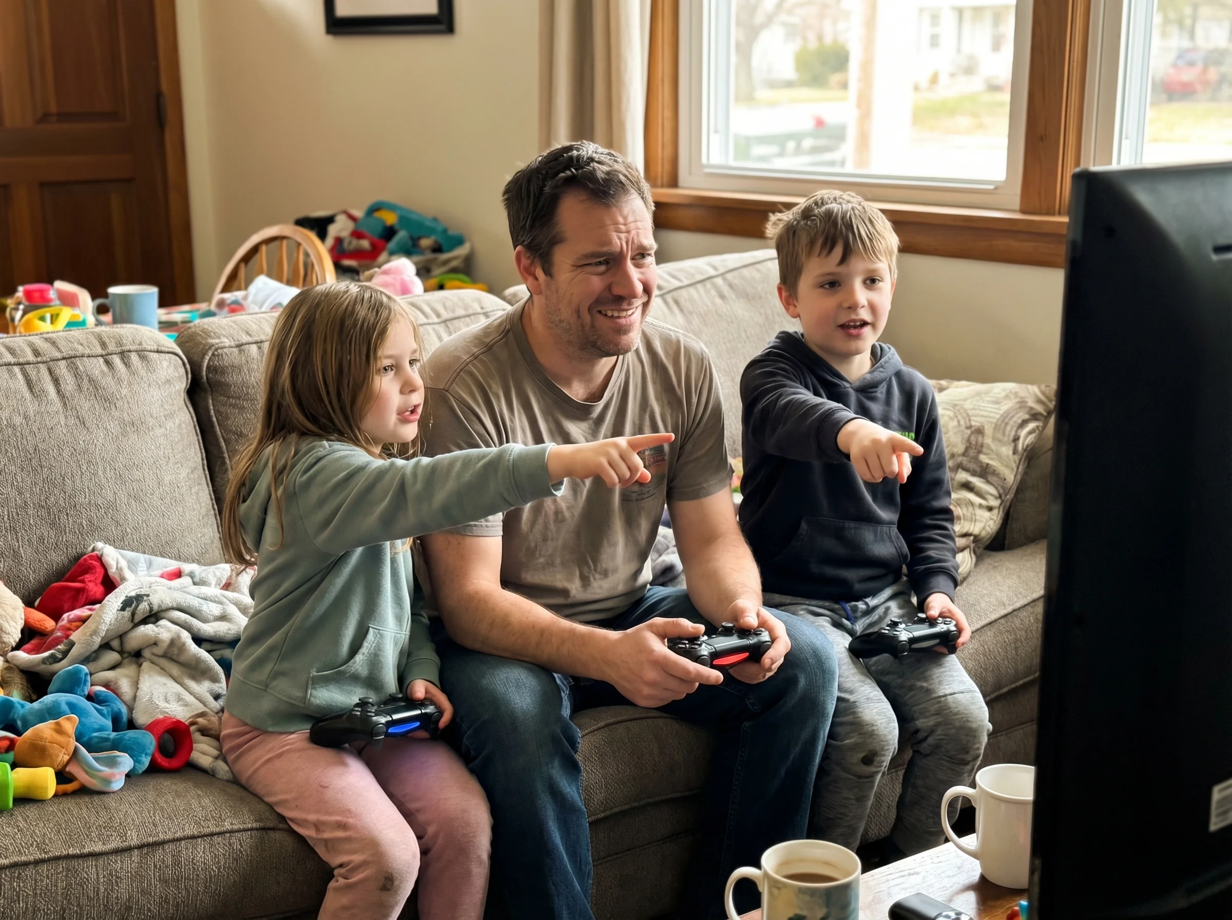 Dad sitting between two kids on a couch, all three holding controllers, dad looking confused but smiling while kids point at
