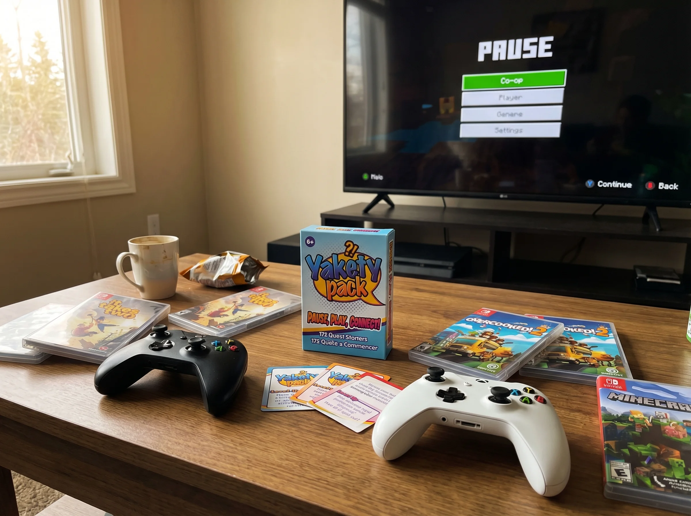 Living room coffee table with two controllers laid out, game cases scattered around, TV in background showing a paused co-op