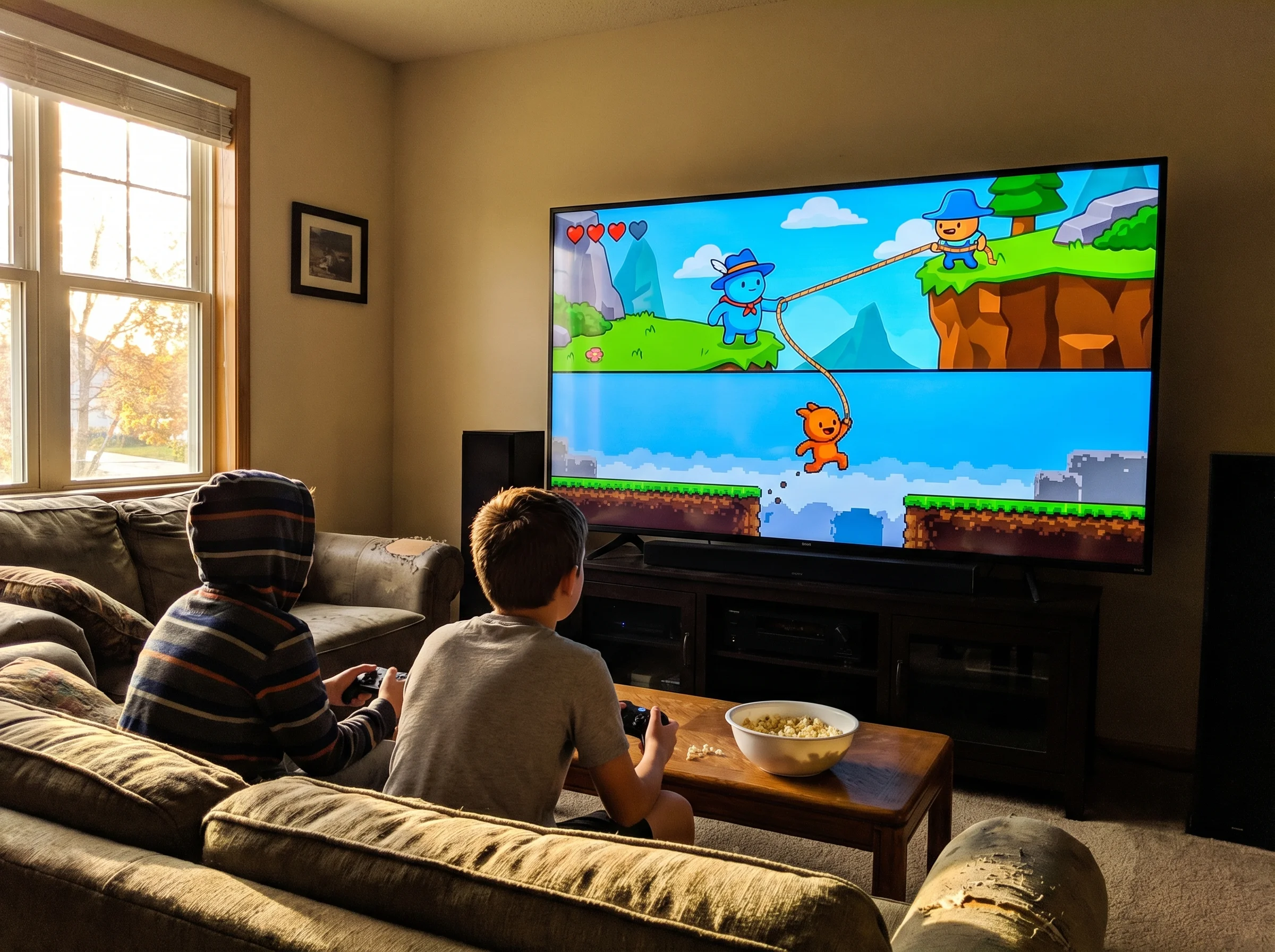 Split-screen TV showing two different character perspectives in a colorful platformer game, one character helping the other a
