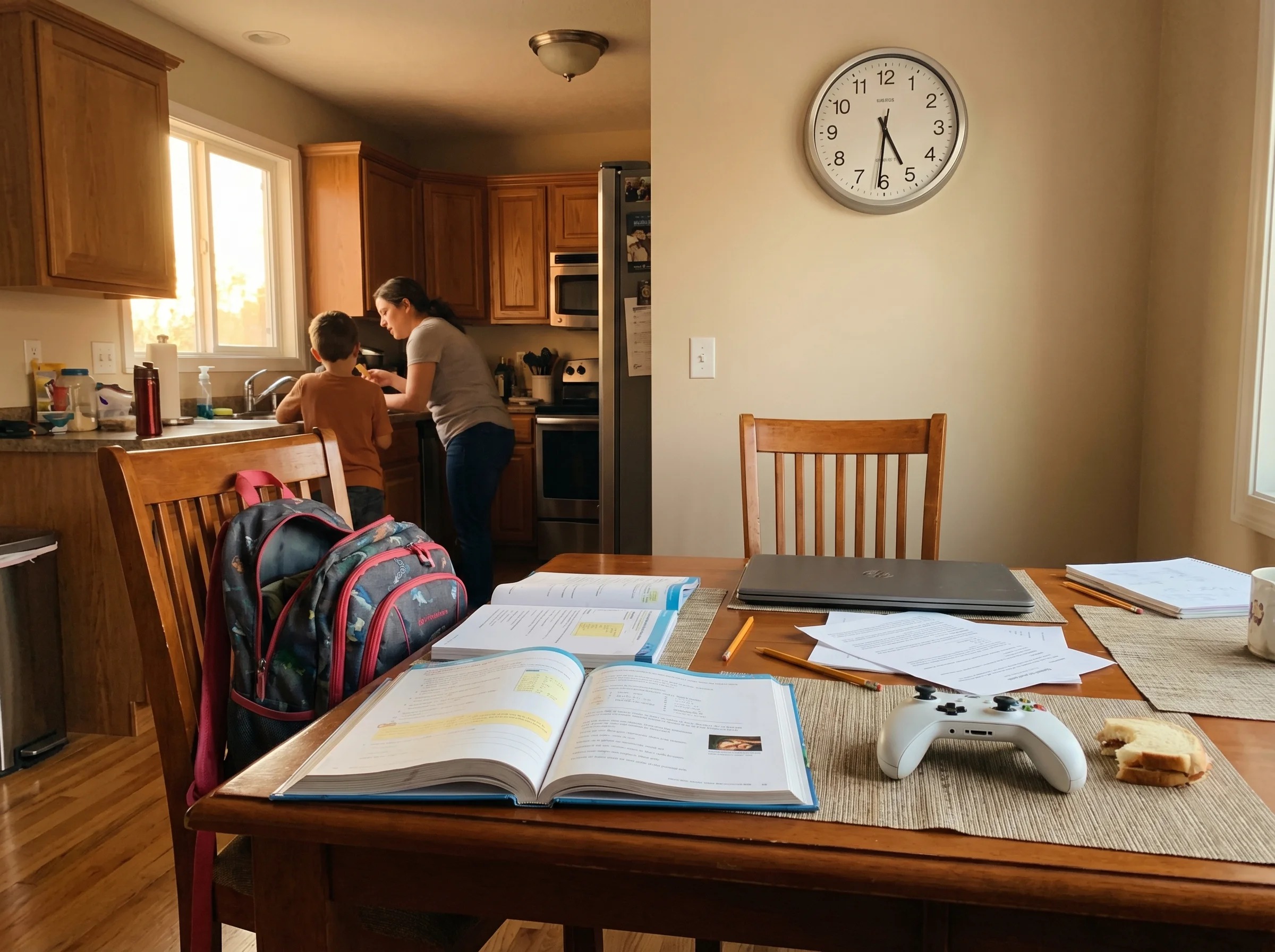 Kitchen table with homework spread out, game console controller sitting nearby, clock showing early evening time