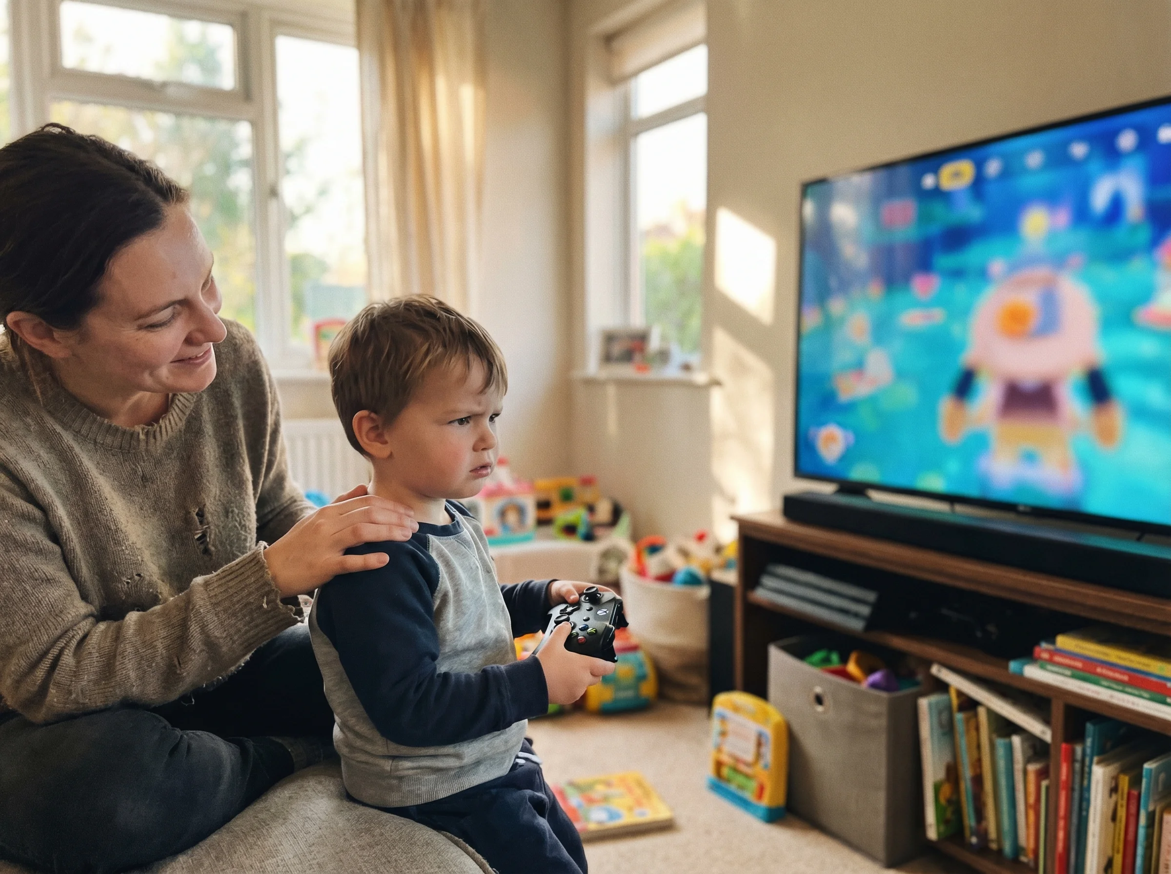 Young child concentrating on controller while parent watches encouragingly, bright colorful game on screen in soft focus
