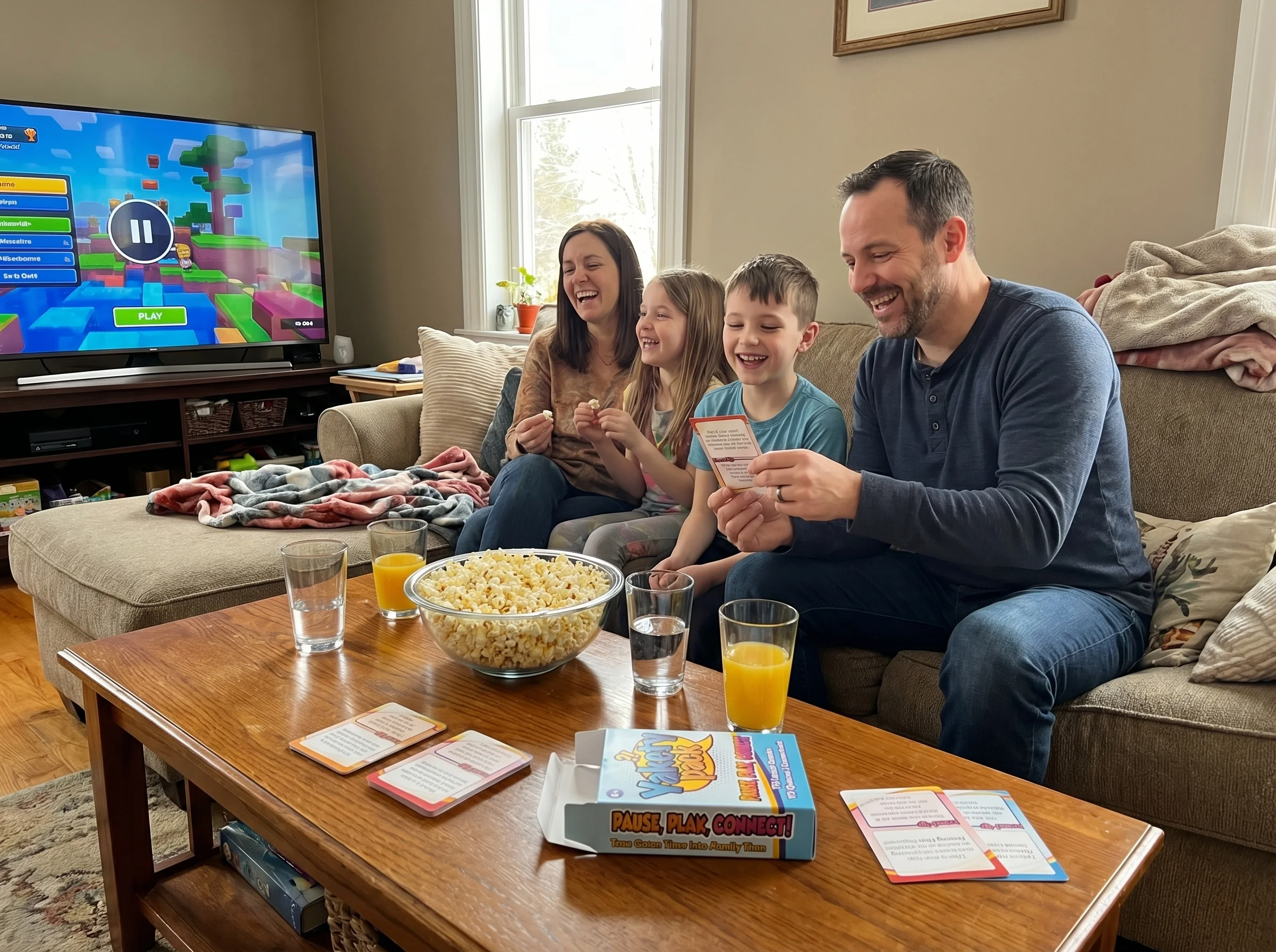 Family taking a snack break on couch, game paused on TV, bowls of popcorn and drinks on coffee table
