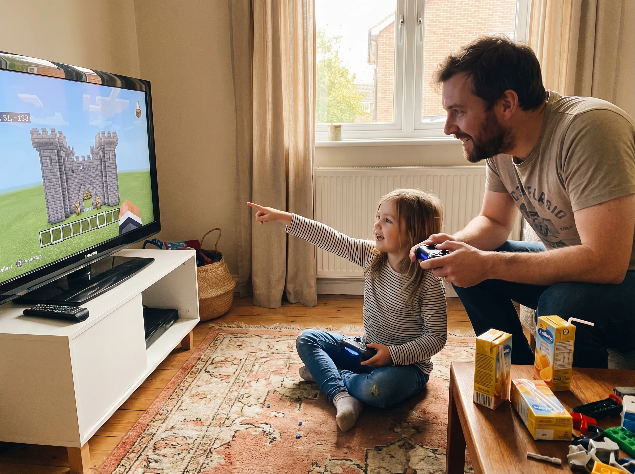 Young girl pointing excitedly at TV screen showing Minecraft castle while dad watches with genuine interest, both sitting on