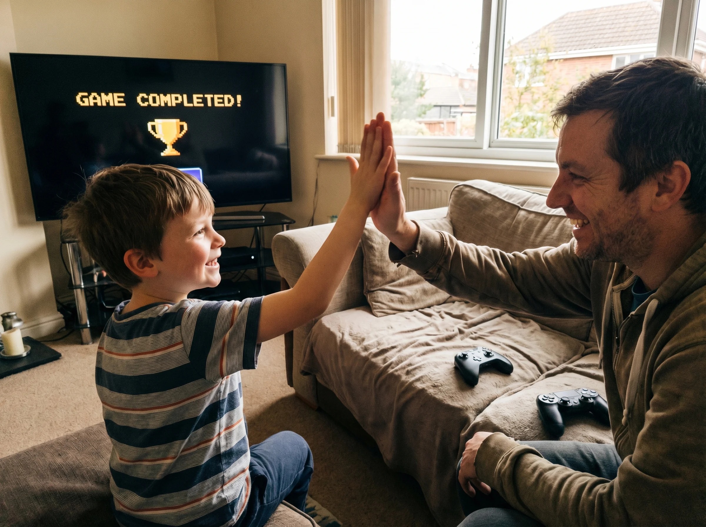 Parent and child high-fiving in front of TV showing game completion screen, genuine celebration moment, controllers on couch