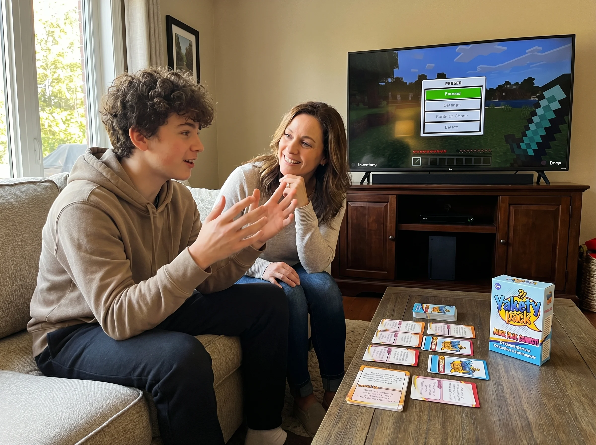 Teen explaining something to parent using hand gestures while game is paused on screen, both engaged in animated discussion a