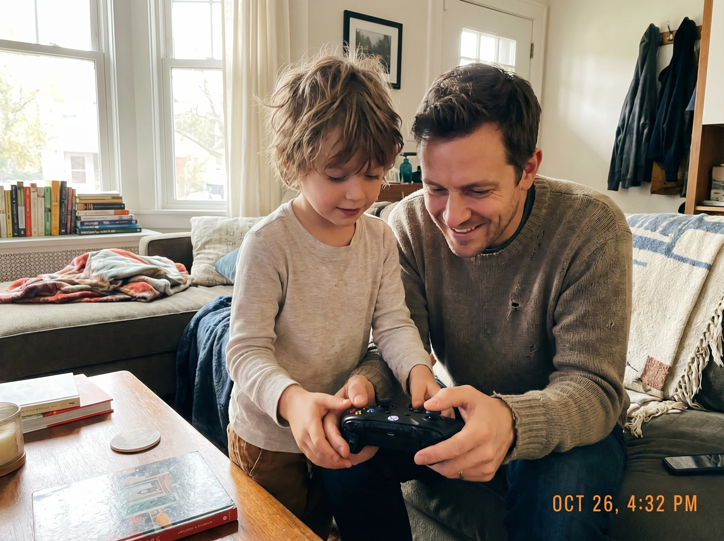 Kid showing parent how to hold controller properly, both focused on the instruction moment rather than the screen, natural te