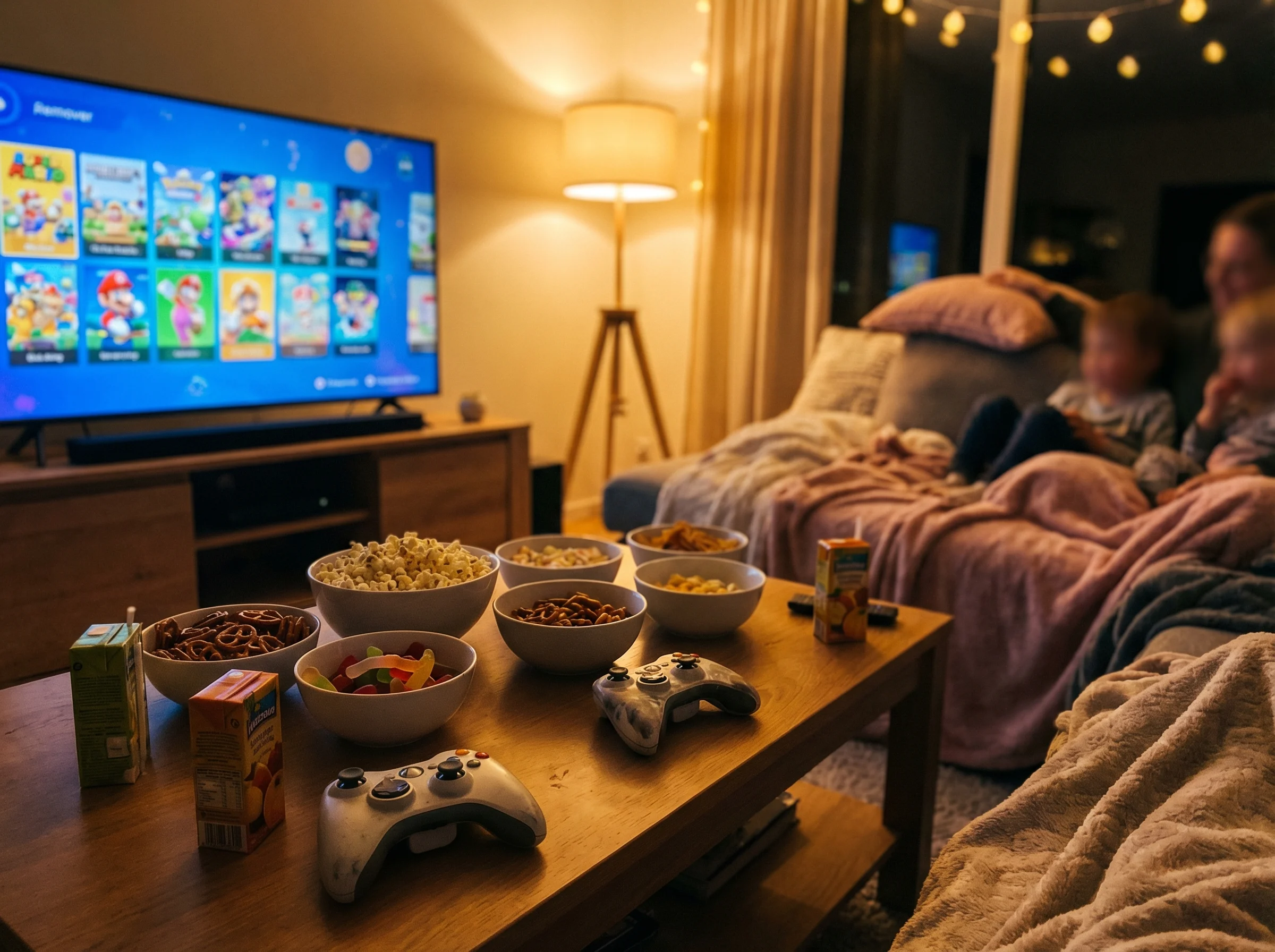 Family game night setup with snacks on coffee table, two controllers ready, TV showing game selection screen, cozy evening li
