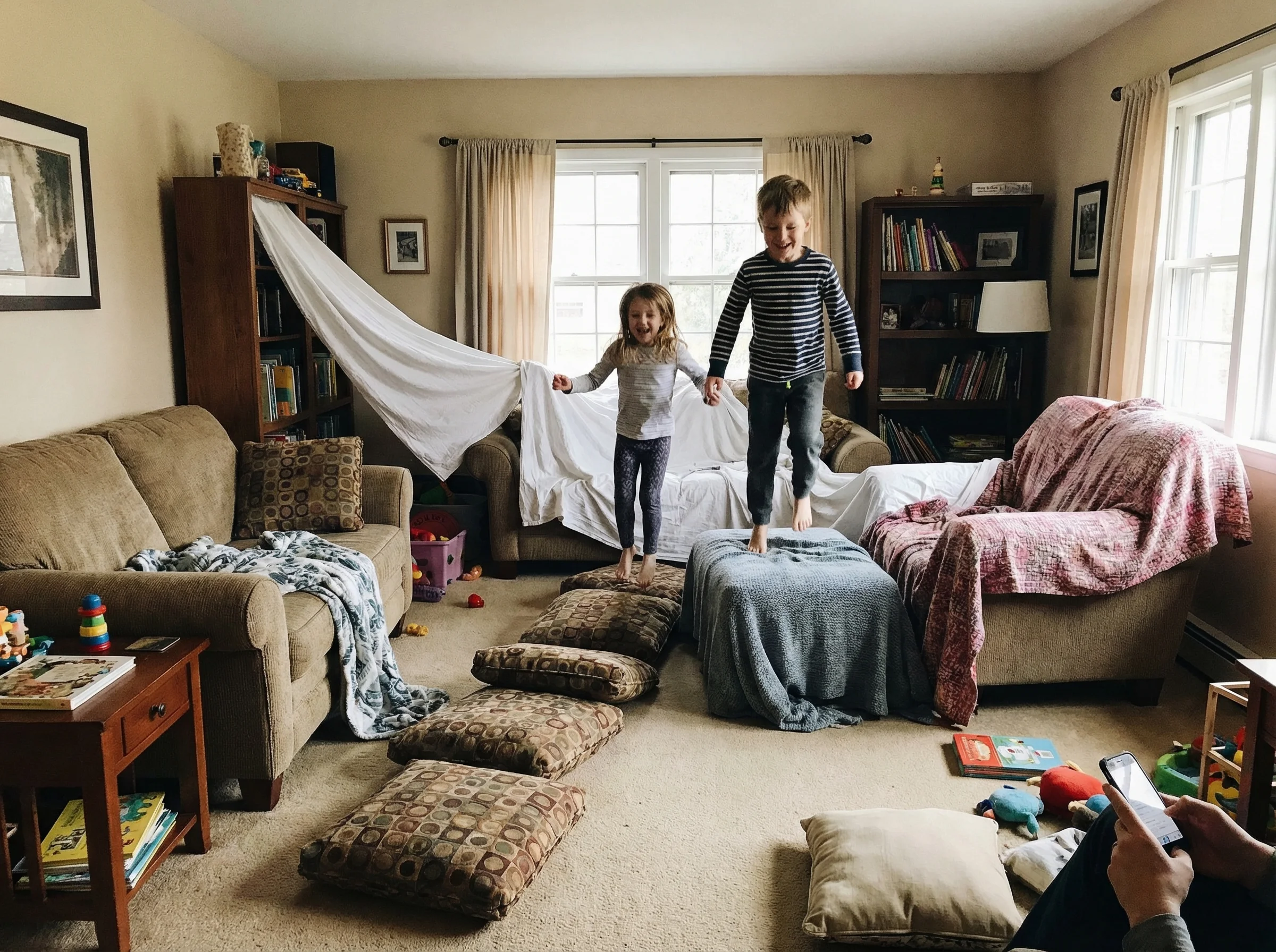 Living room transformed into an obstacle course with couch cushions as stepping stones, blankets draped between furniture, ki