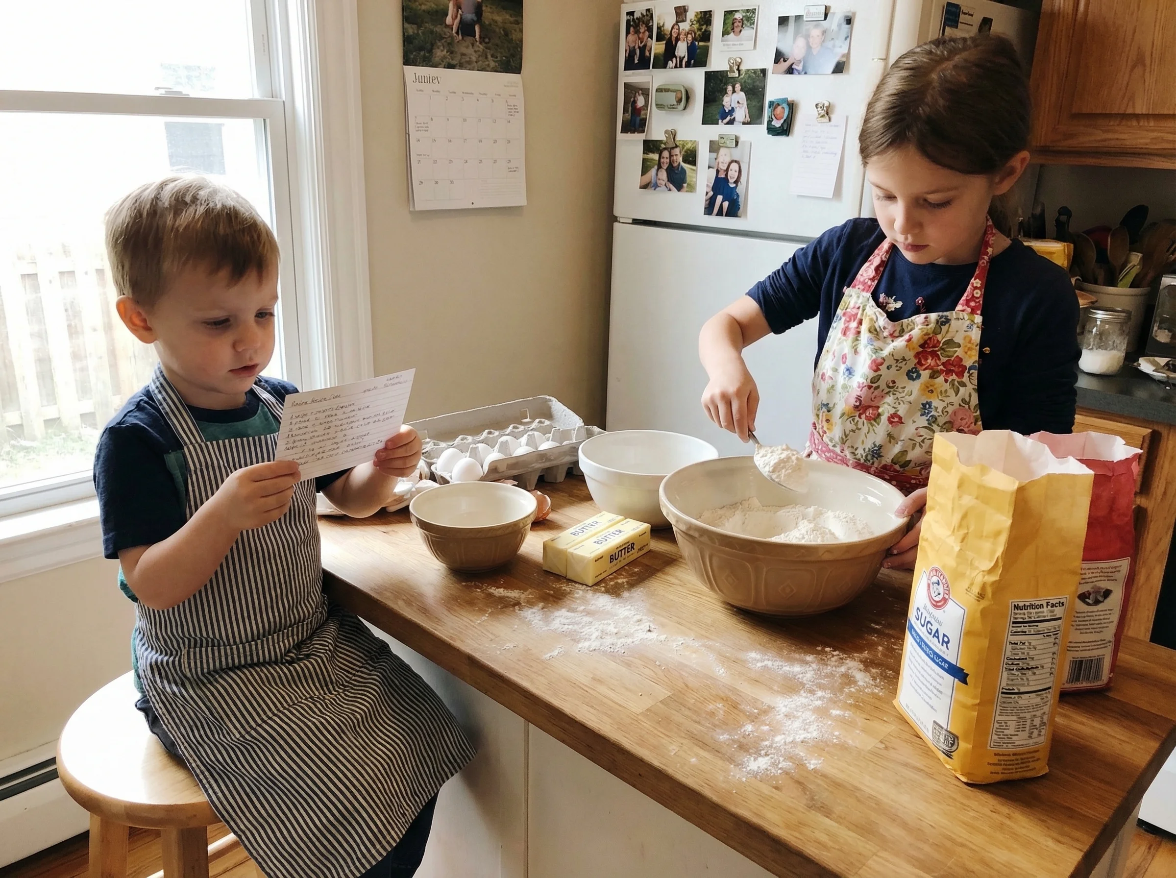 Kitchen counter with baking ingredients spread out, two kids in aprons - younger one reading recipe card while older one meas