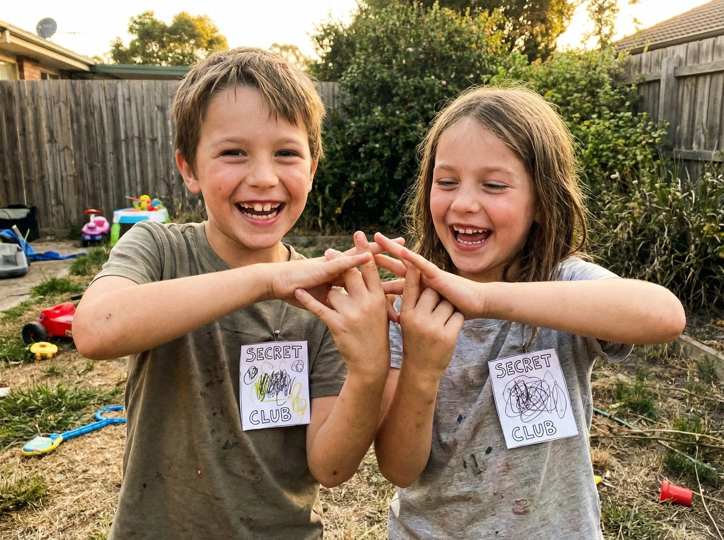 Two kids doing a silly secret handshake in the backyard, big grins on their faces, maybe with homemade team badges or drawing