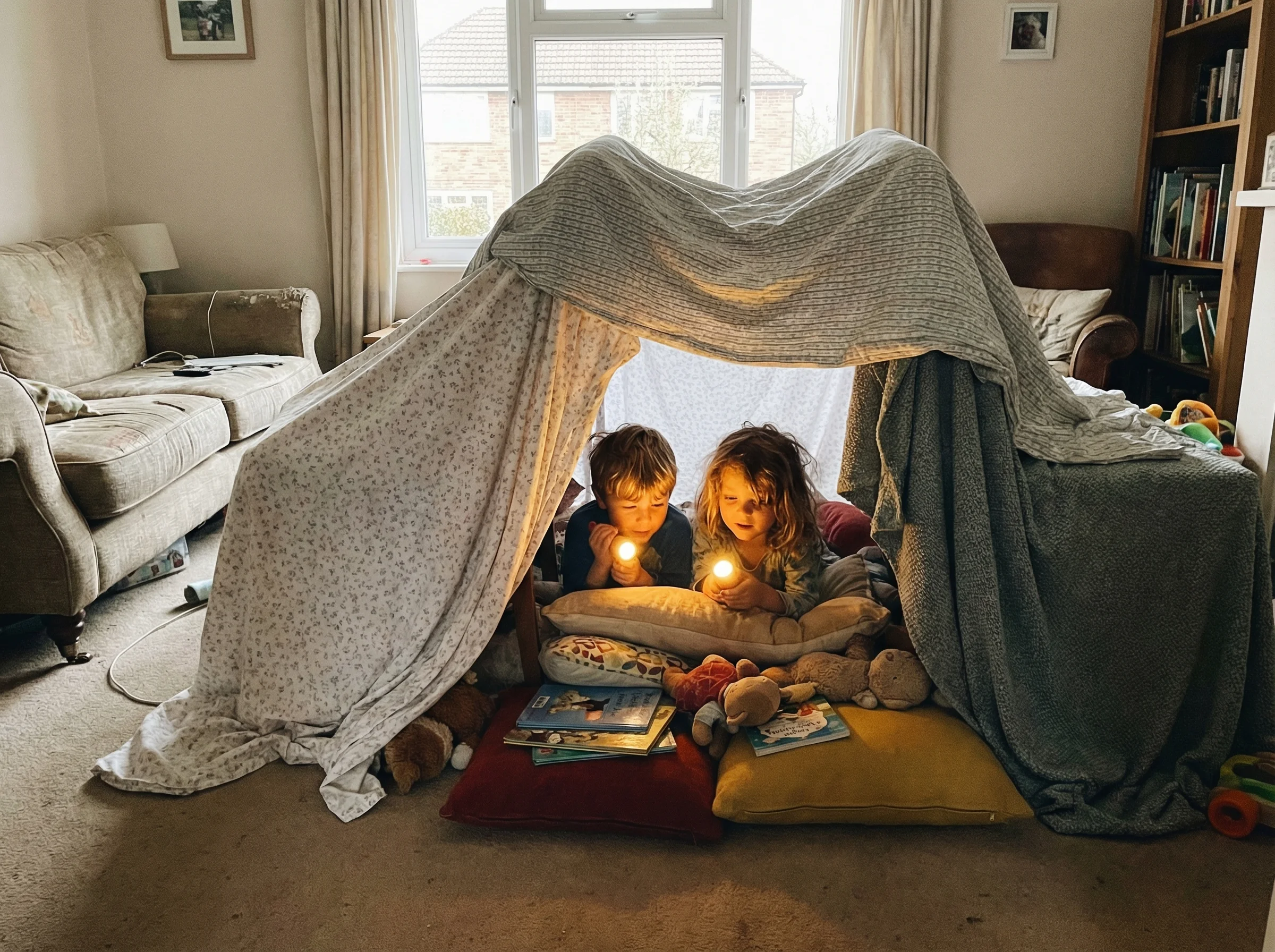 Finished blanket fort in living room with two kids peeking out from the entrance, flashlights creating a cozy glow inside, pi