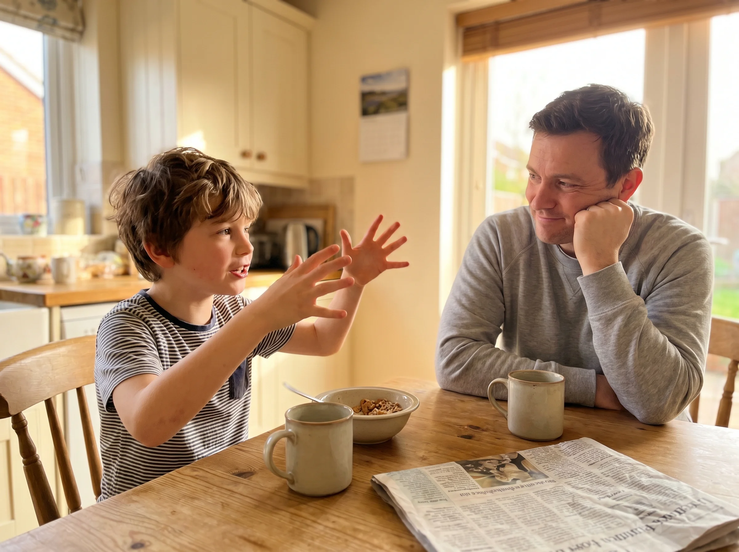 A boy at a kitchen table explaining something with his hands, animated and engaged, a parent listening with a half-smile, mug