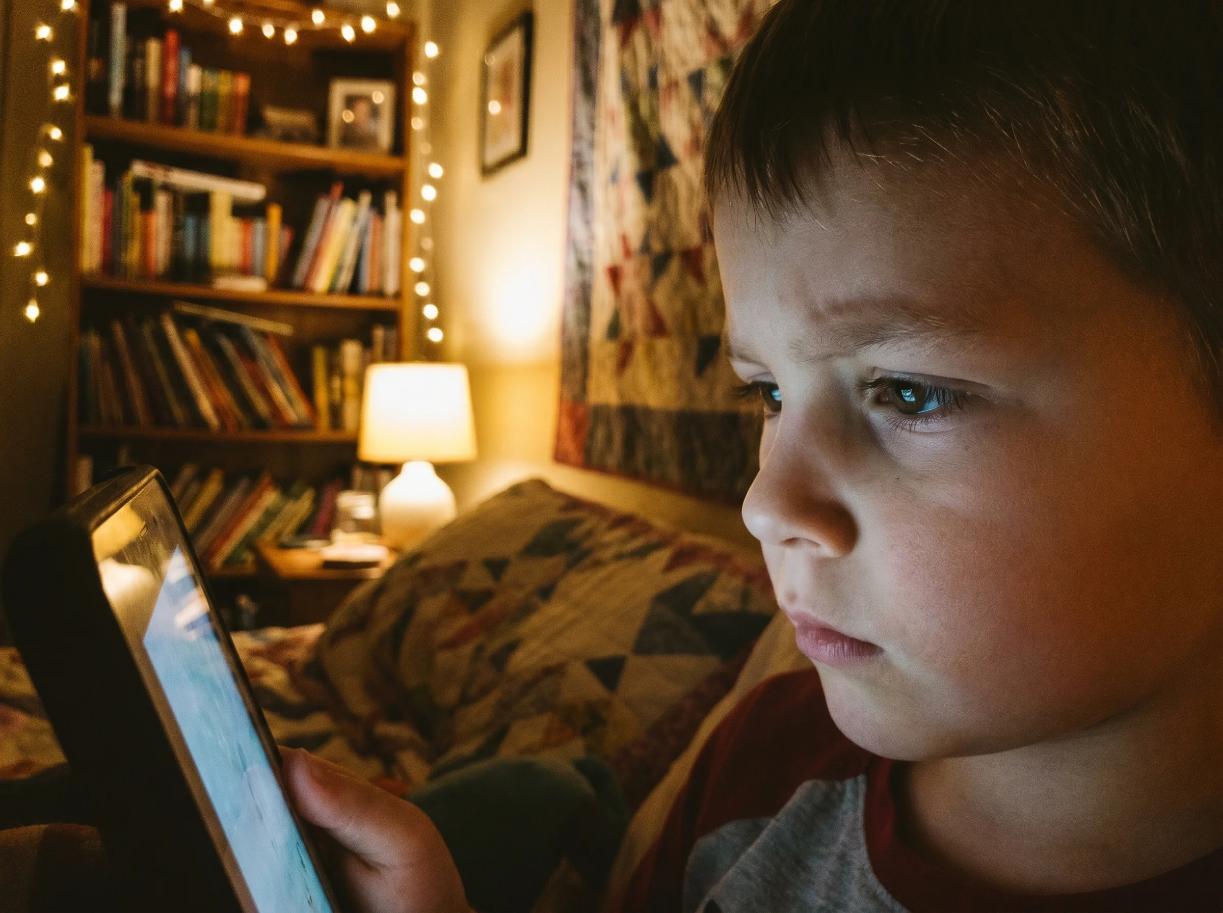 A kid's face lit by a screen at night, expression of intense focus, no screen content visible, soft warm bedroom light in bac