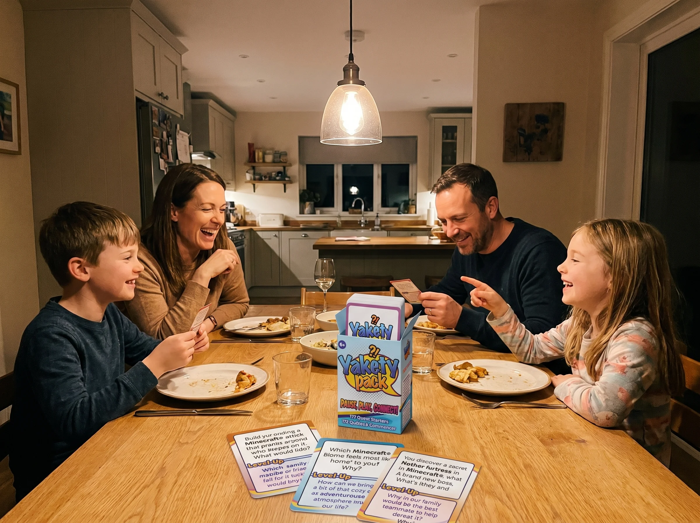 A family sitting around a dinner table with conversation cards spread out, kids leaning in, parents laughing, warm evening li