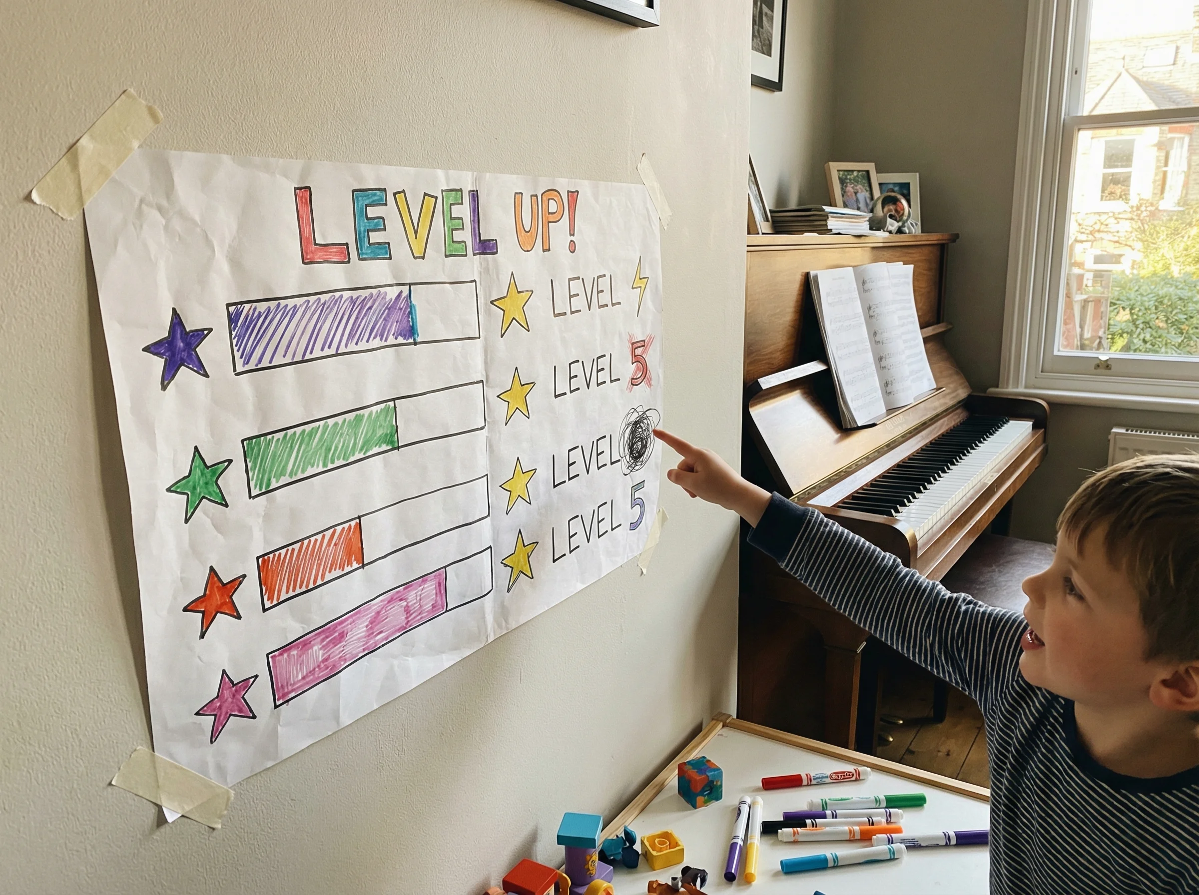 A hand-drawn XP chart taped to the wall next to a piano, colorful markers showing progress bars and level achievements, a you
