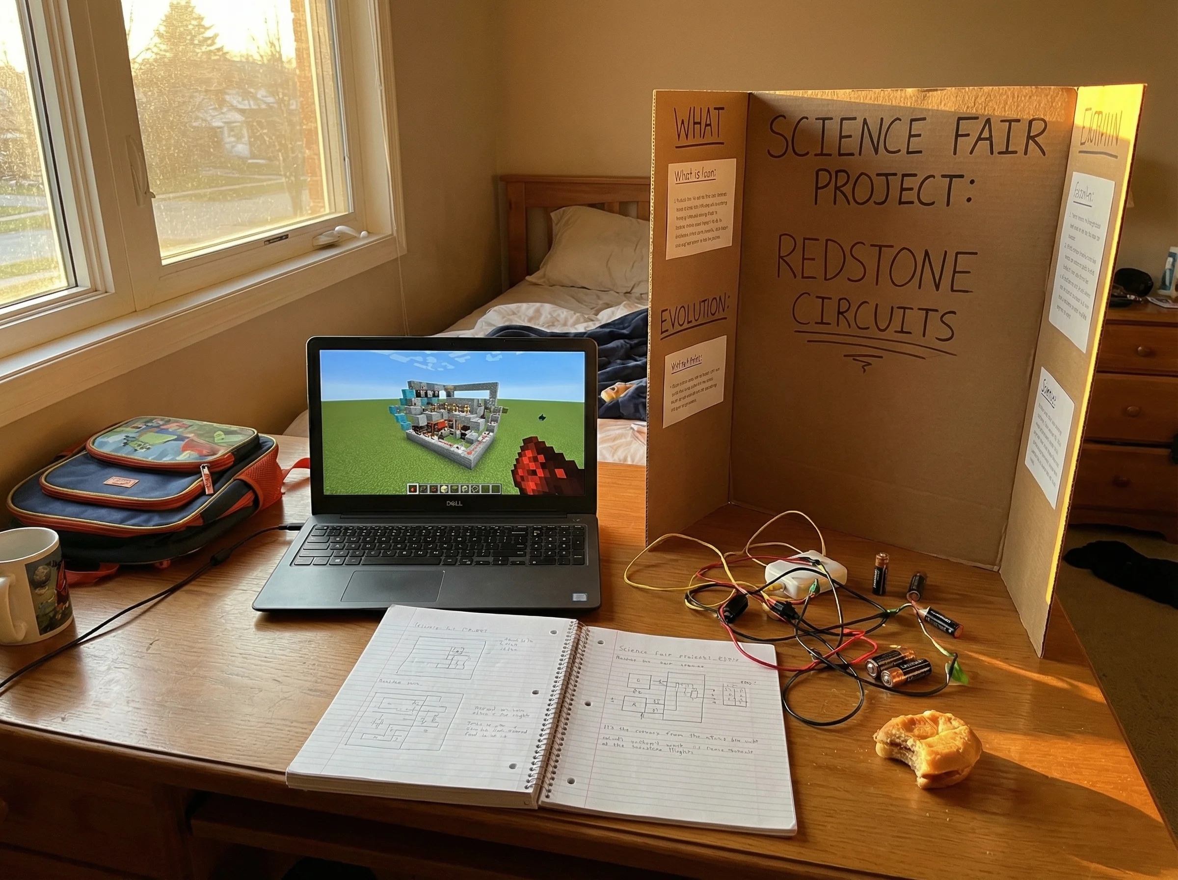 A laptop screen showing Minecraft with an elaborate redstone contraption, notebooks and science fair materials scattered on t