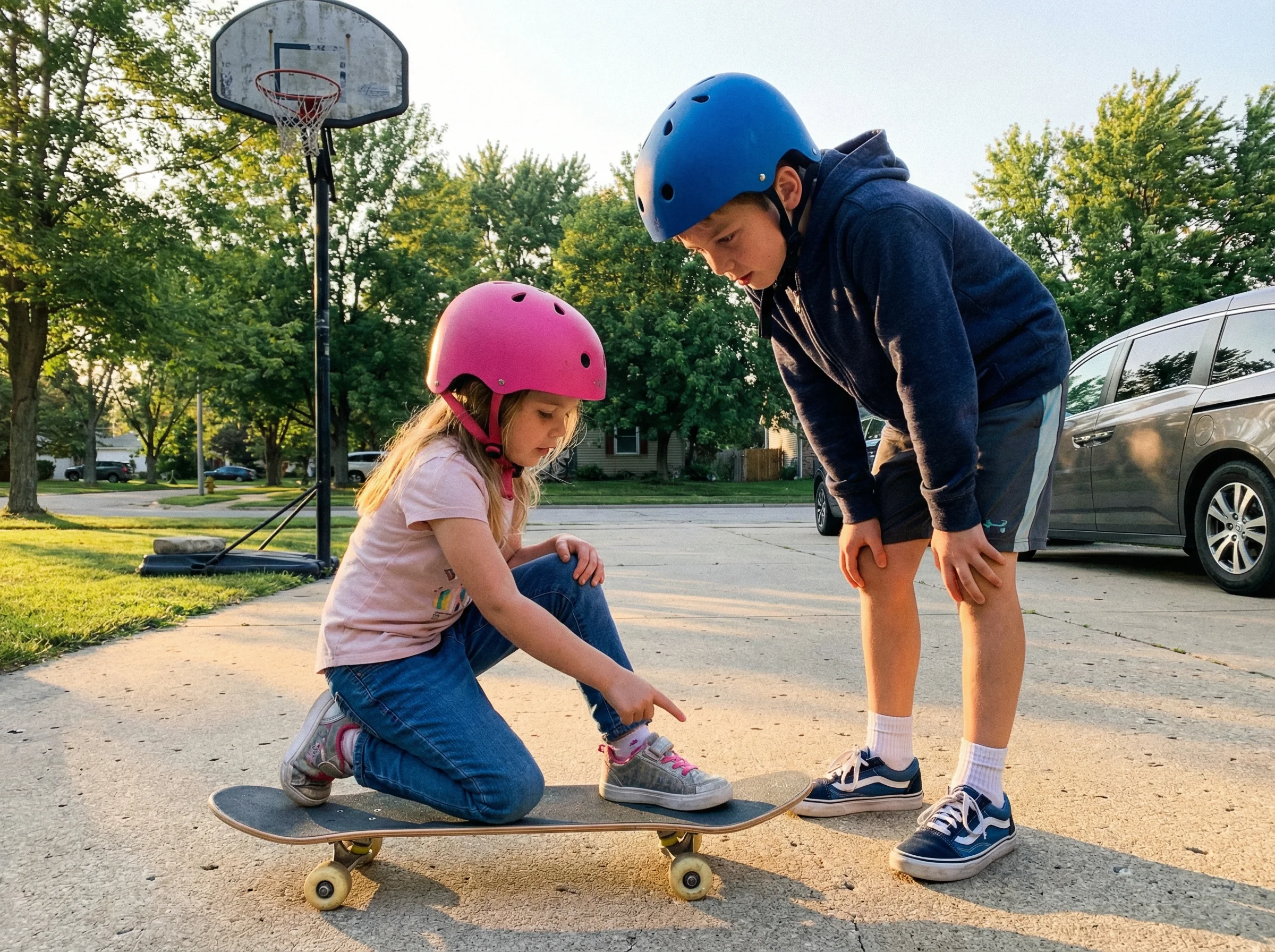 Two siblings in the driveway, the younger sister demonstrating foot positioning on a skateboard while her brother watches int