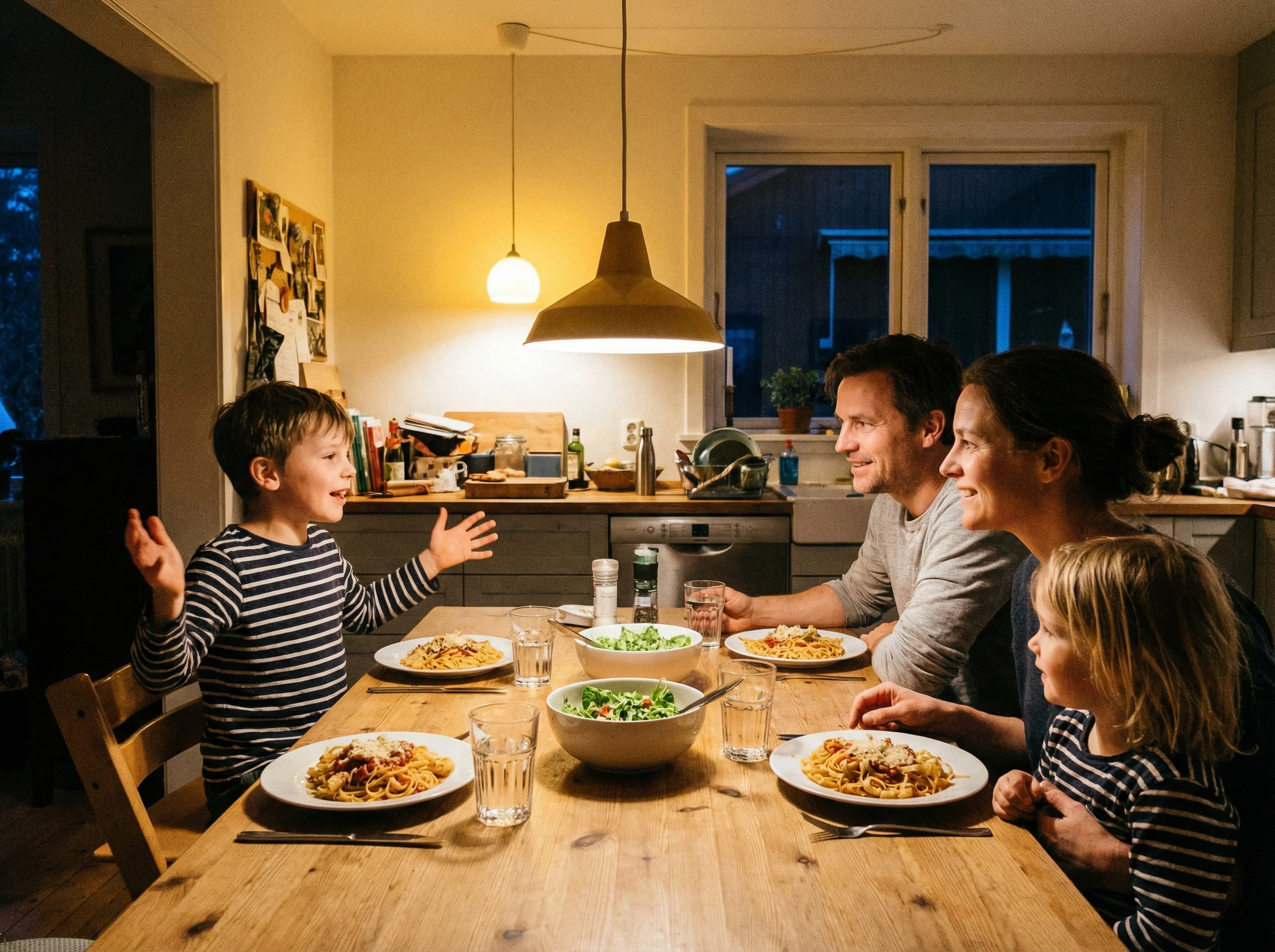 A family dinner table scene with parents and kids engaged in animated conversation, one child using hand gestures to explain