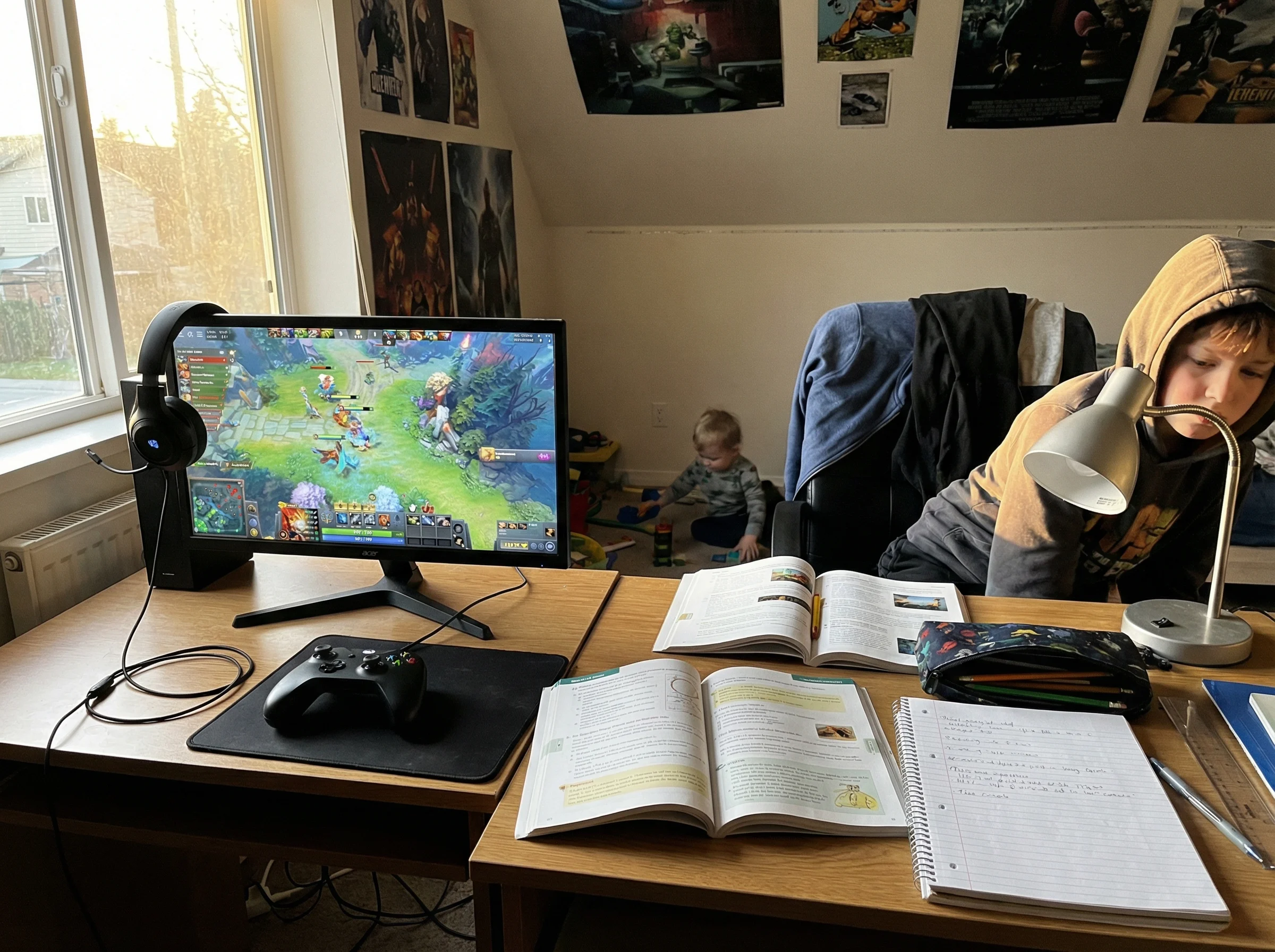 A child's bedroom desk with gaming setup on one side and homework on the other, showing the parallel worlds kids navigate dai