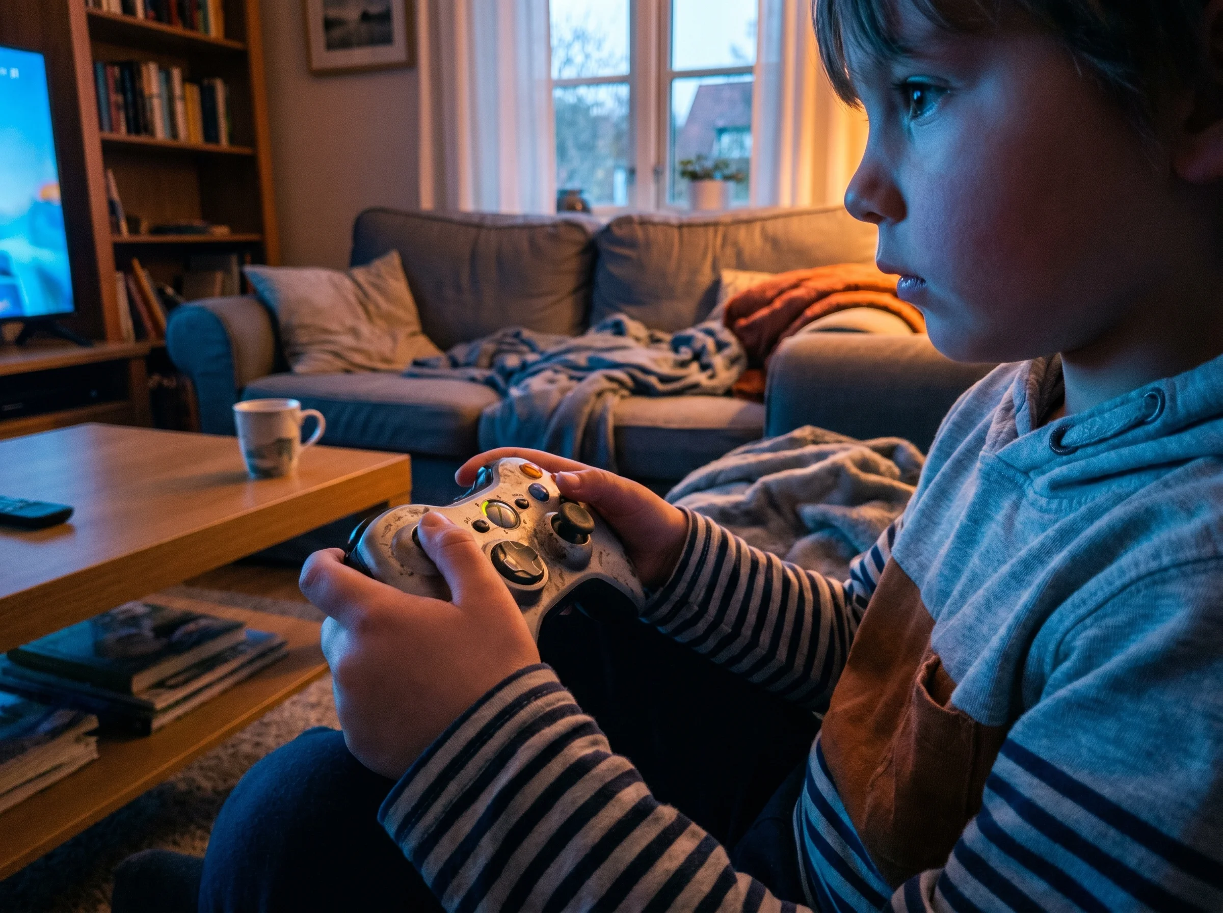 A kid's hands holding a game controller, soft glow of a TV screen reflecting on their face, casual living room setting