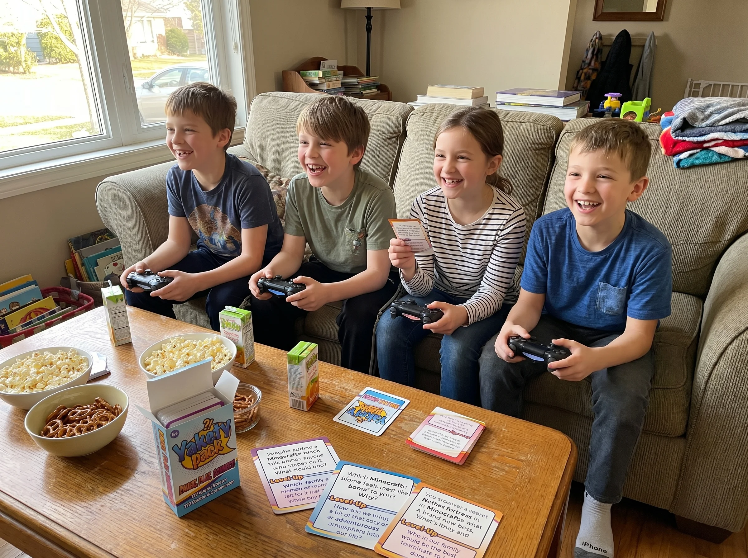 Four kids on a couch playing a co-op game together, controllers in hand, mid-laugh, snacks scattered on the coffee table
