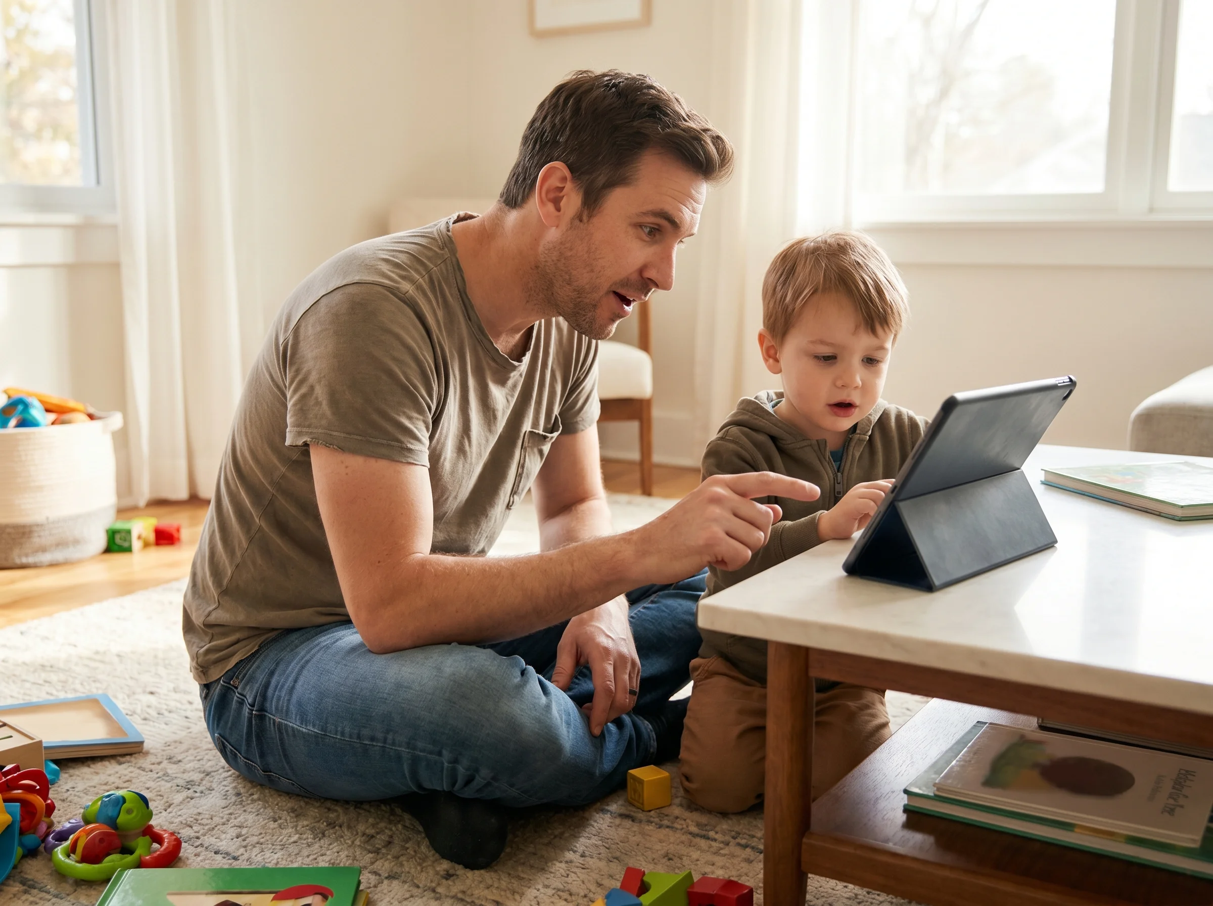 A dad sitting on the floor next to his son, both looking at a tablet, dad mid-question with a relaxed expression