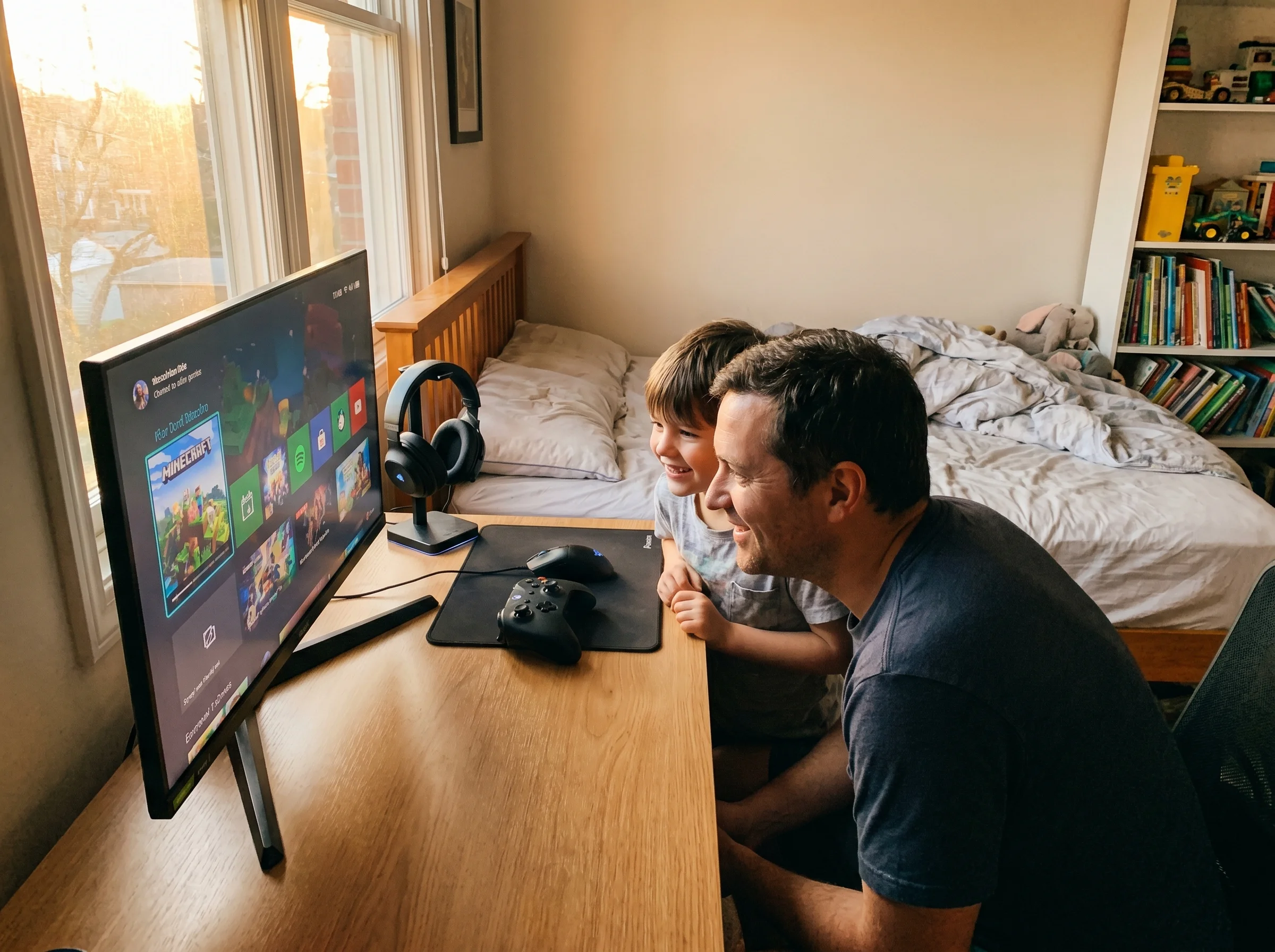 A bedroom with gaming setup, soft afternoon light coming through the window, controller resting on the desk, headphones nearb