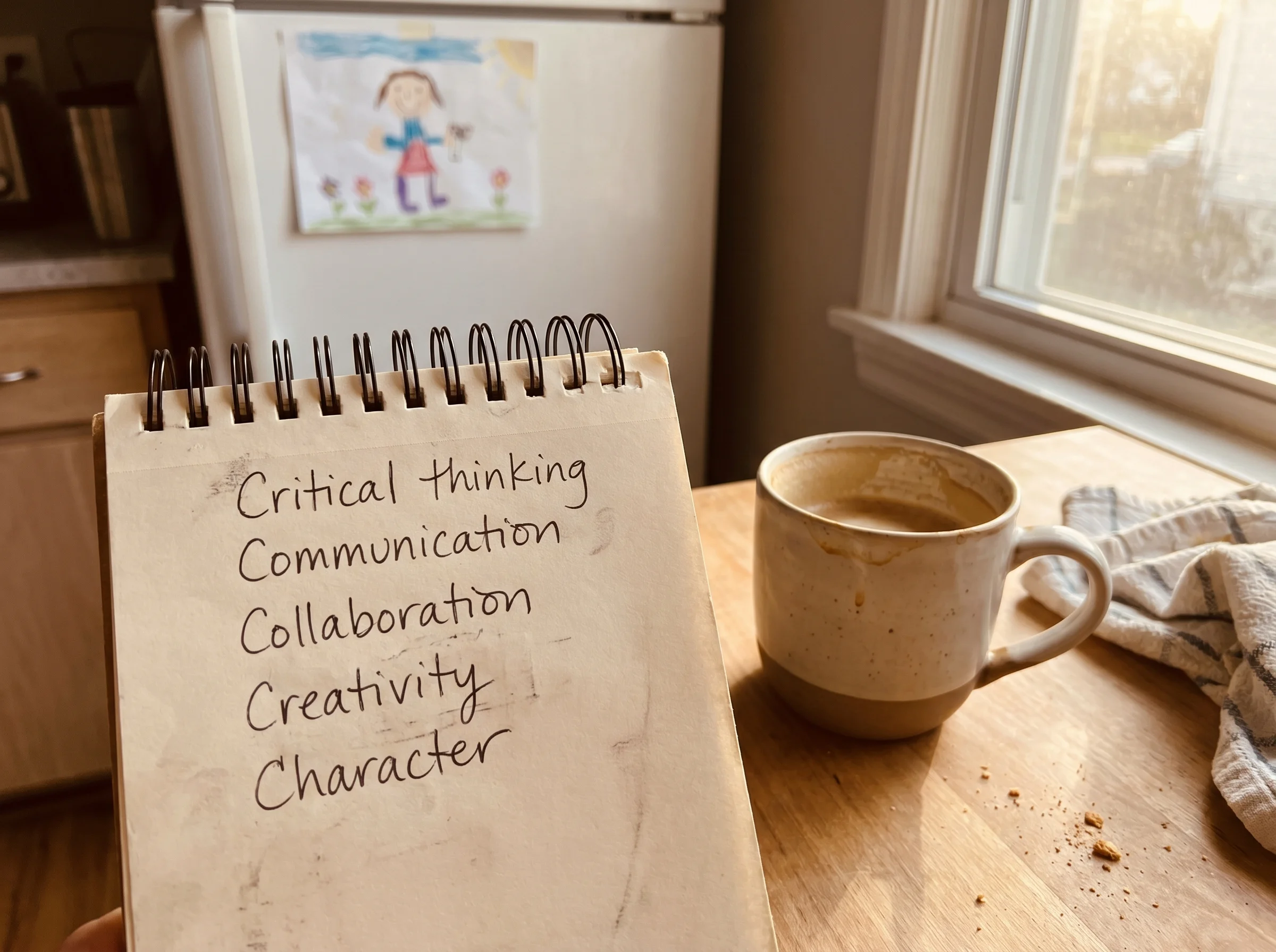 A handwritten list on a kitchen notepad showing the words "Critical thinking, Communication, Collaboration, Creativity, Chara