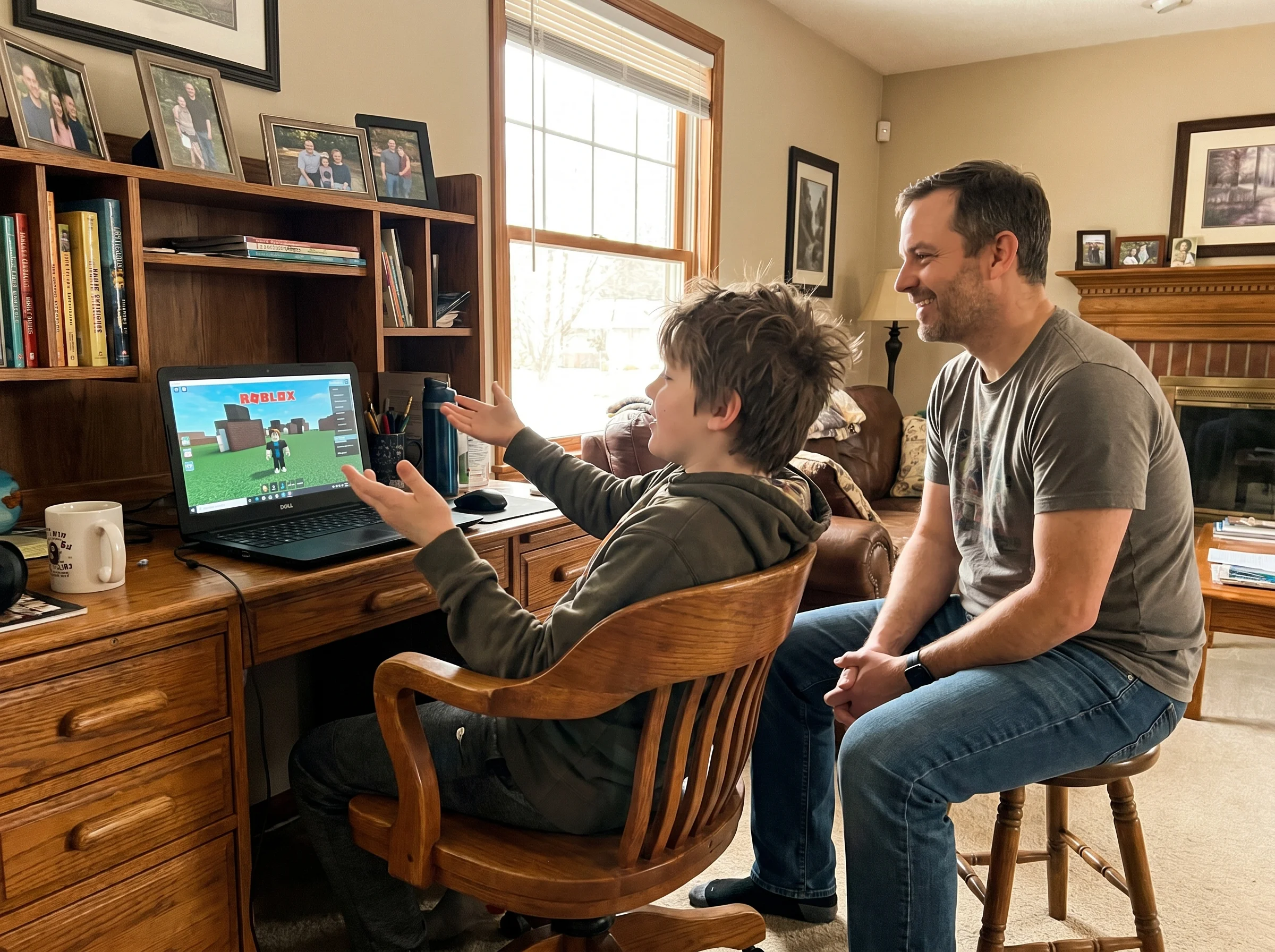 A boy around 11 years old sitting at a desk with a laptop showing Roblox, leaning back and gesturing while talking, dad sitti
