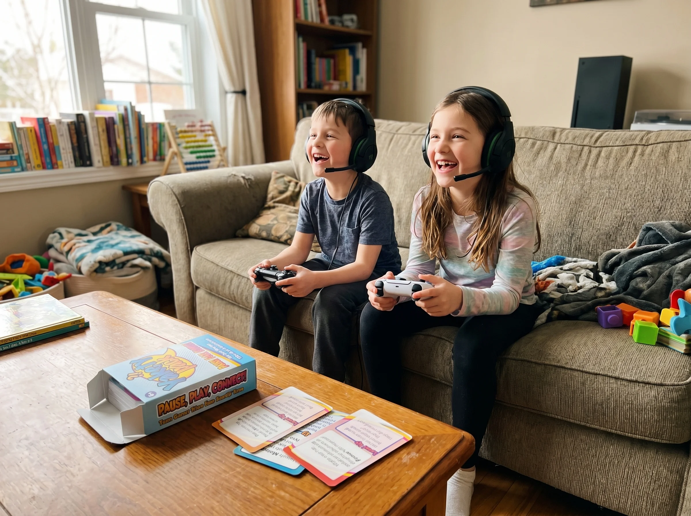 Two kids wearing headsets playing a co-op game together on a couch, controllers in hand, laughing mid-match, casual living ro