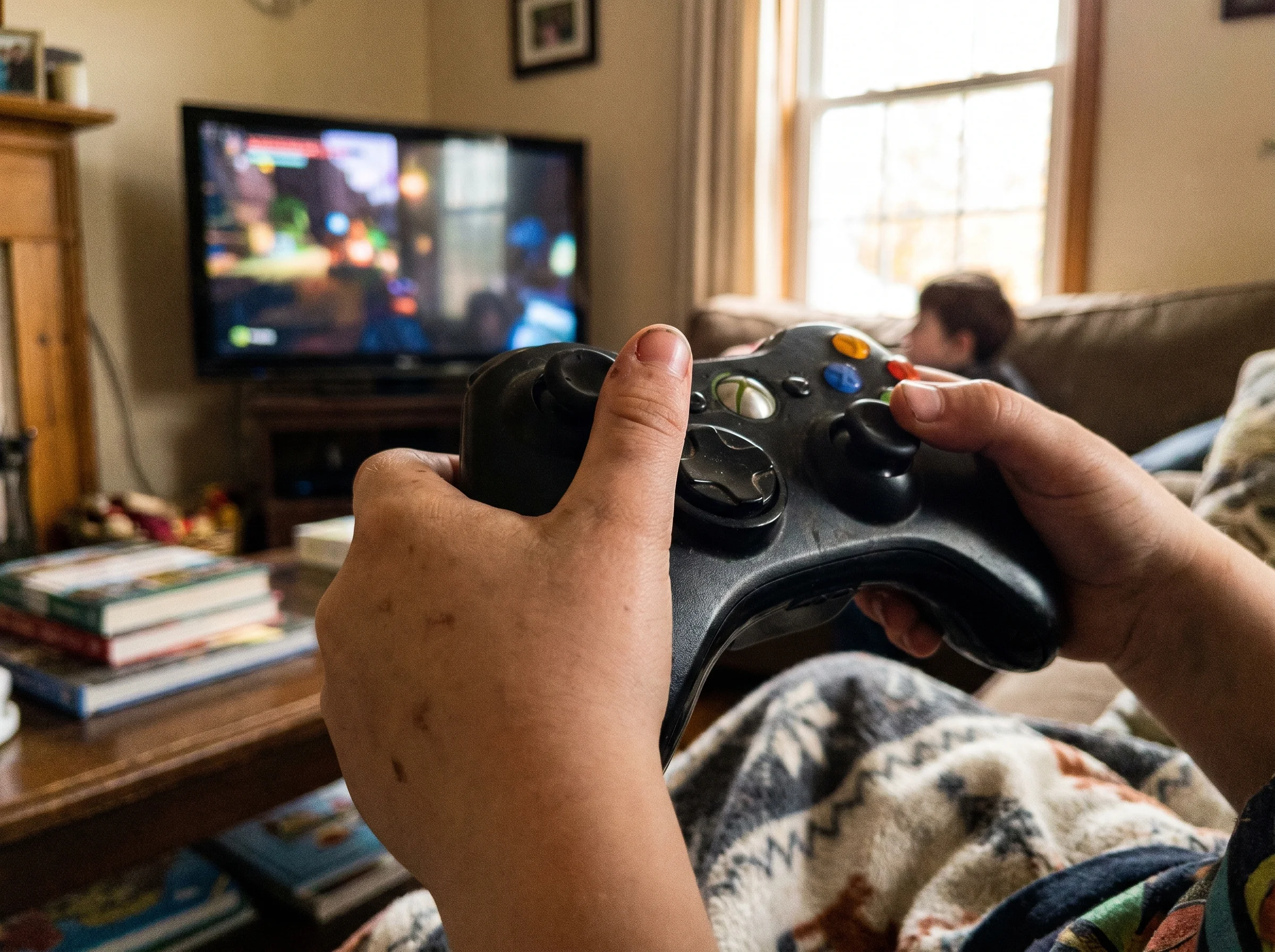 Close-up of a kid's hands gripping a game controller, screen reflection visible in the background, slightly blurred